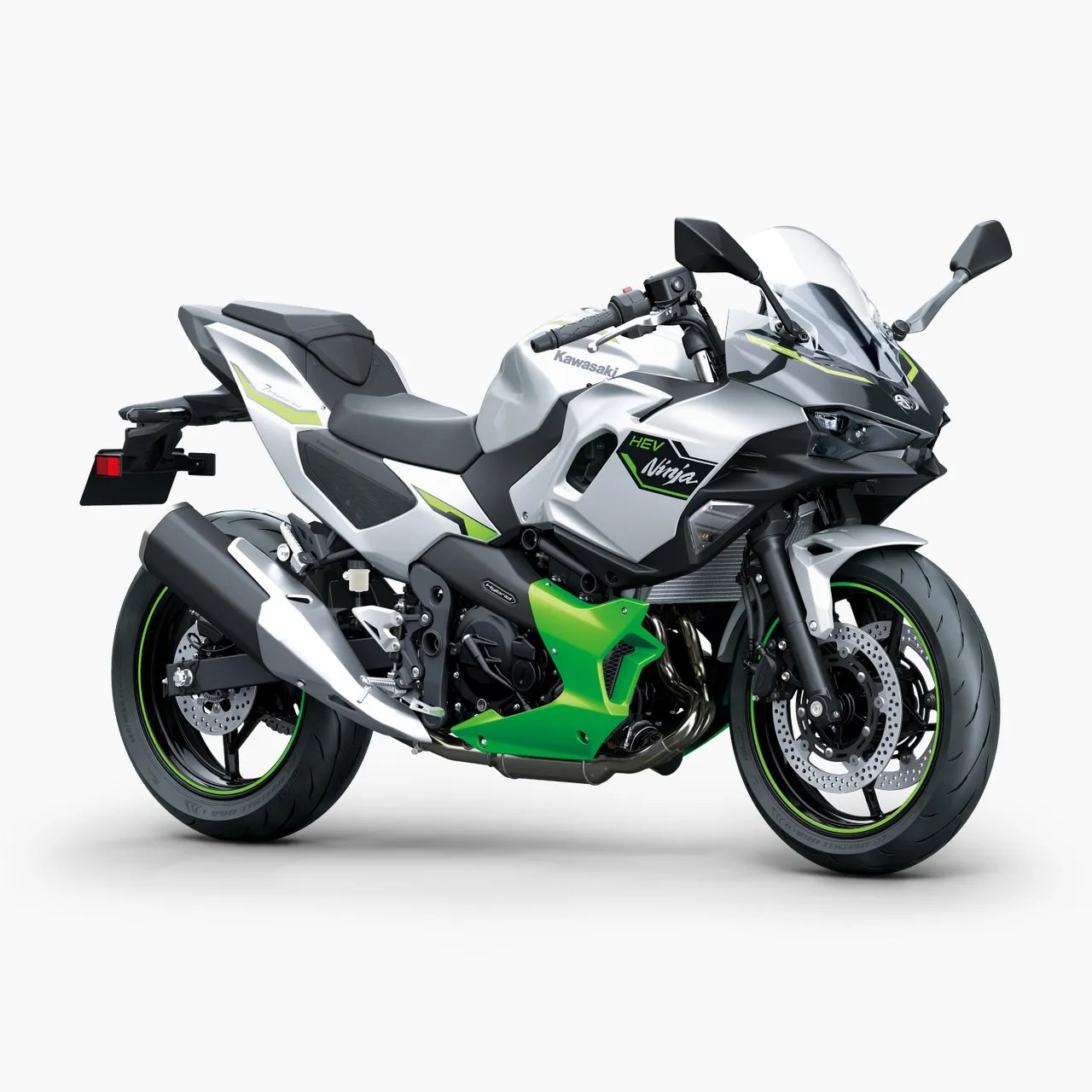 Silver and green Kawasaki Ninja HEV sport motorcycle with black accents and dual disc brakes on front wheel.
