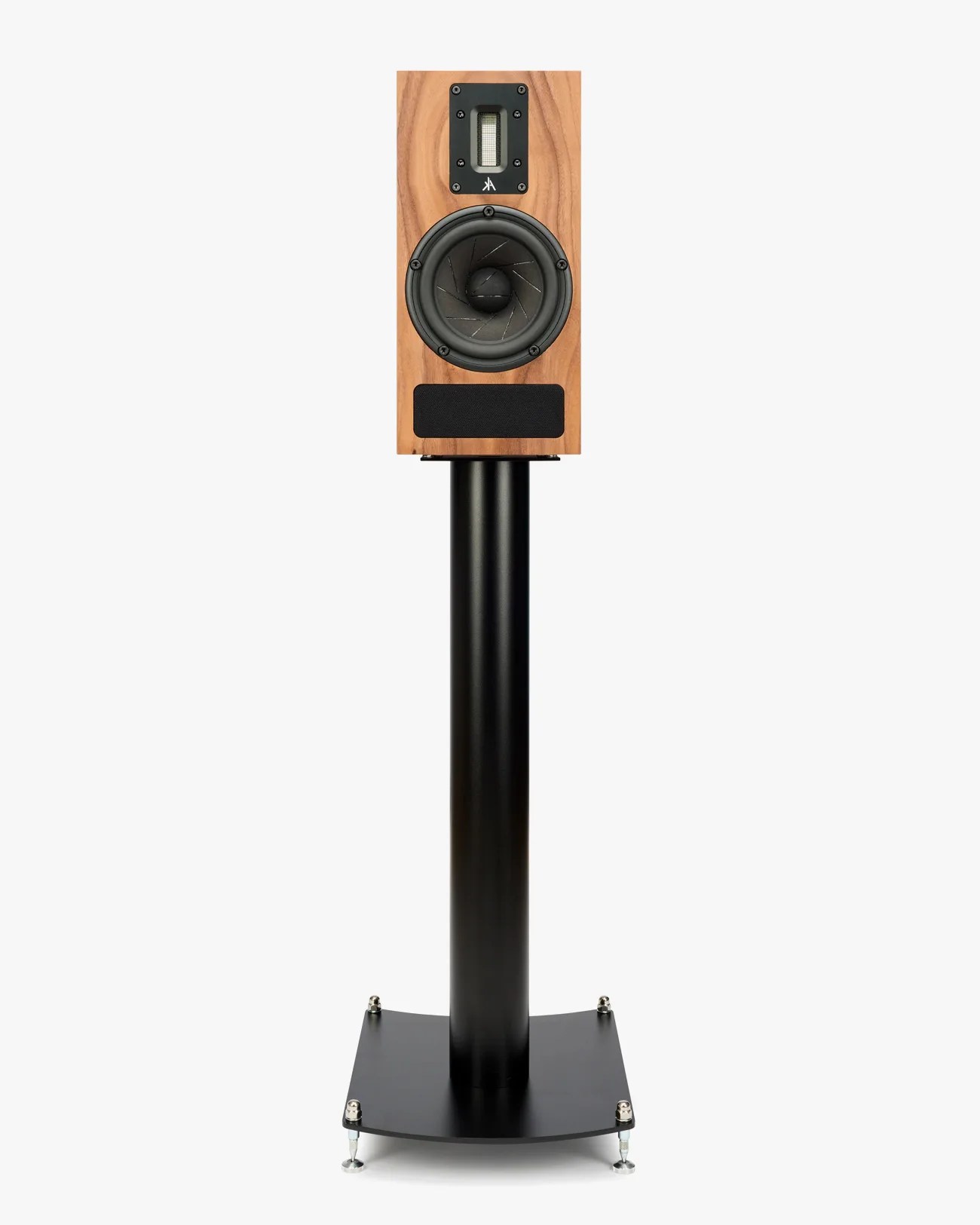 Wood-finished bookshelf speaker with black drivers mounted on a black metal stand with adjustable feet.