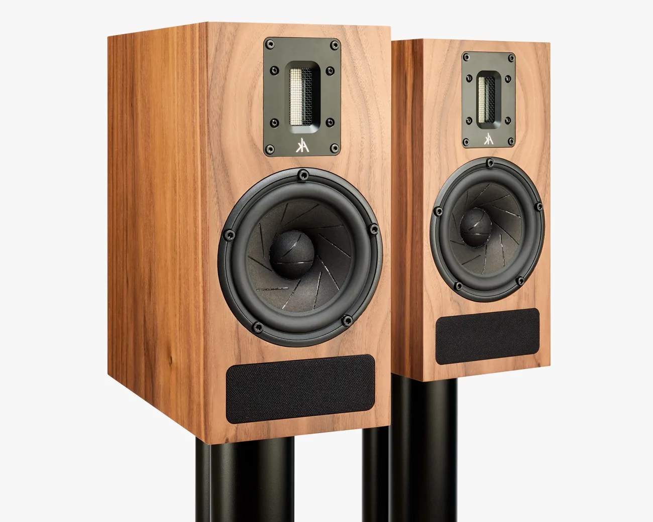Pair of wooden bookshelf speakers with black drivers and black stands.