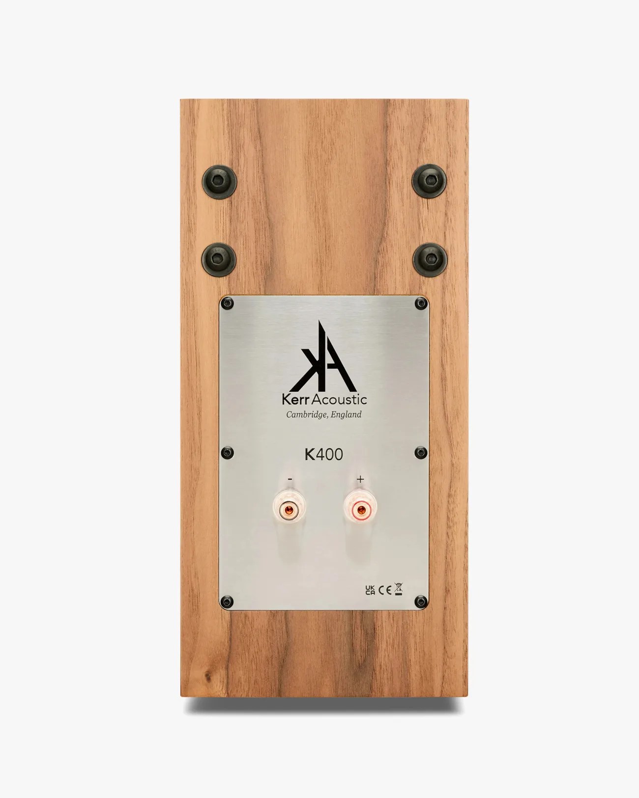 Rear view of a Kerr Acoustic K400 speaker with a wooden finish and metal connection panel.