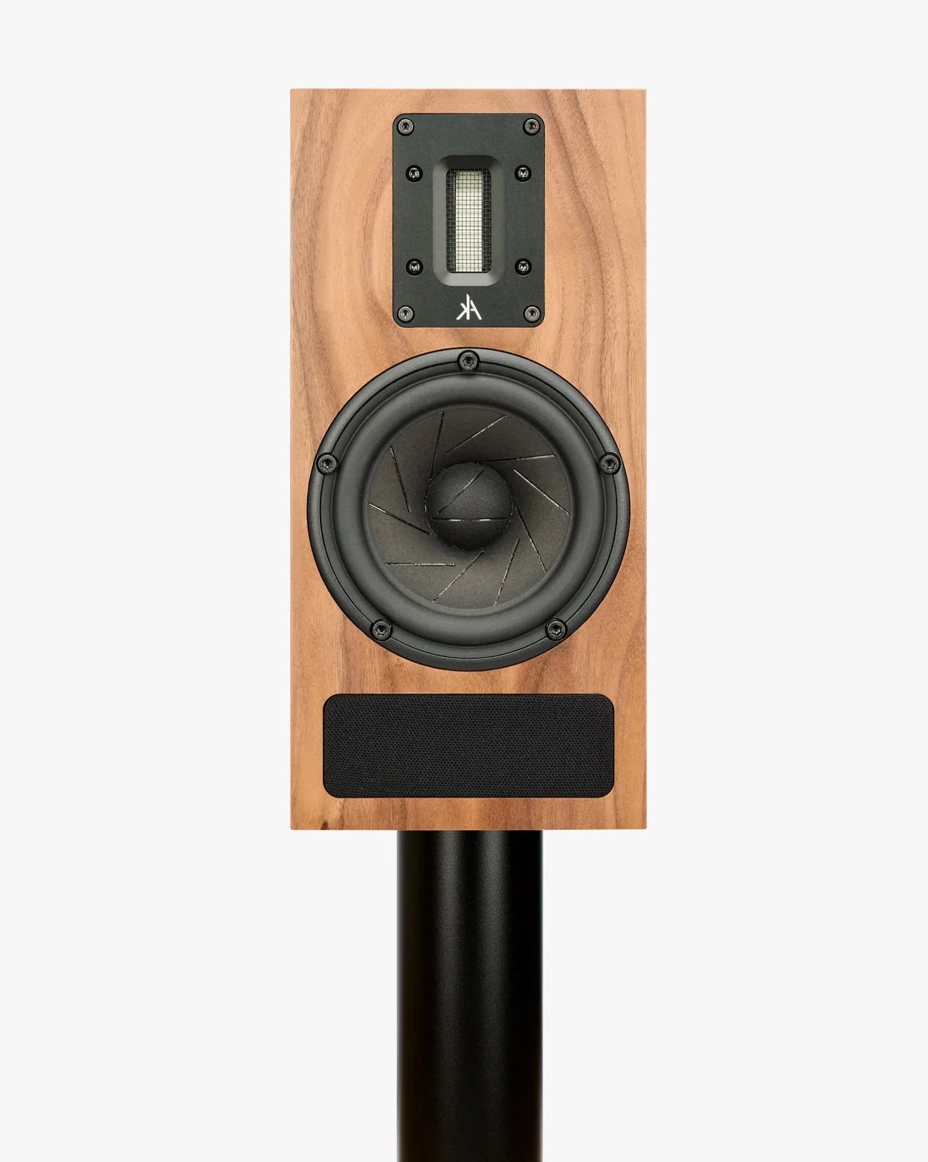Rectangular wooden speaker with black circular driver and rectangular tweeter mounted on a black stand.
