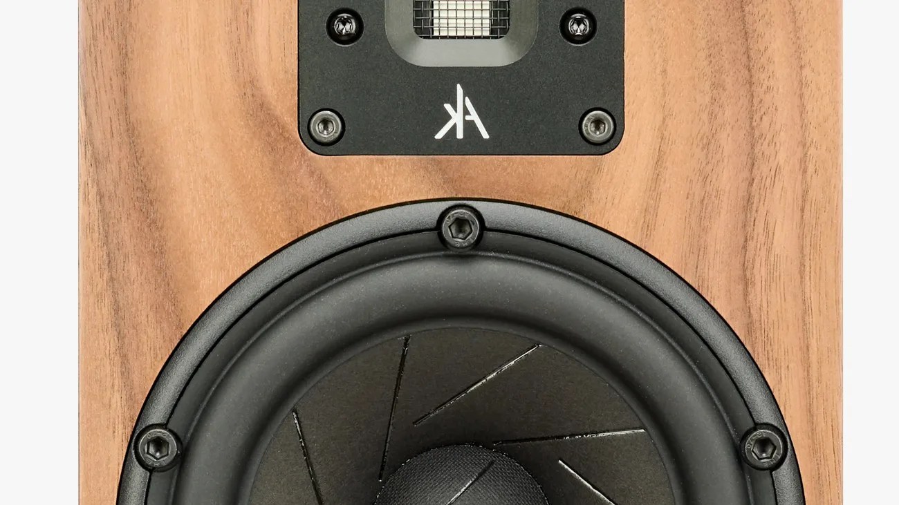 Close-up of a wooden speaker cabinet featuring a black woofer and a rectangular tweeter with a white logo.
