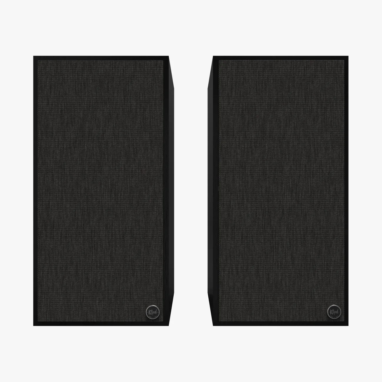 Pair of black rectangular speakers with dark fabric front covers and small round Klipsch logos at the bottom corners.