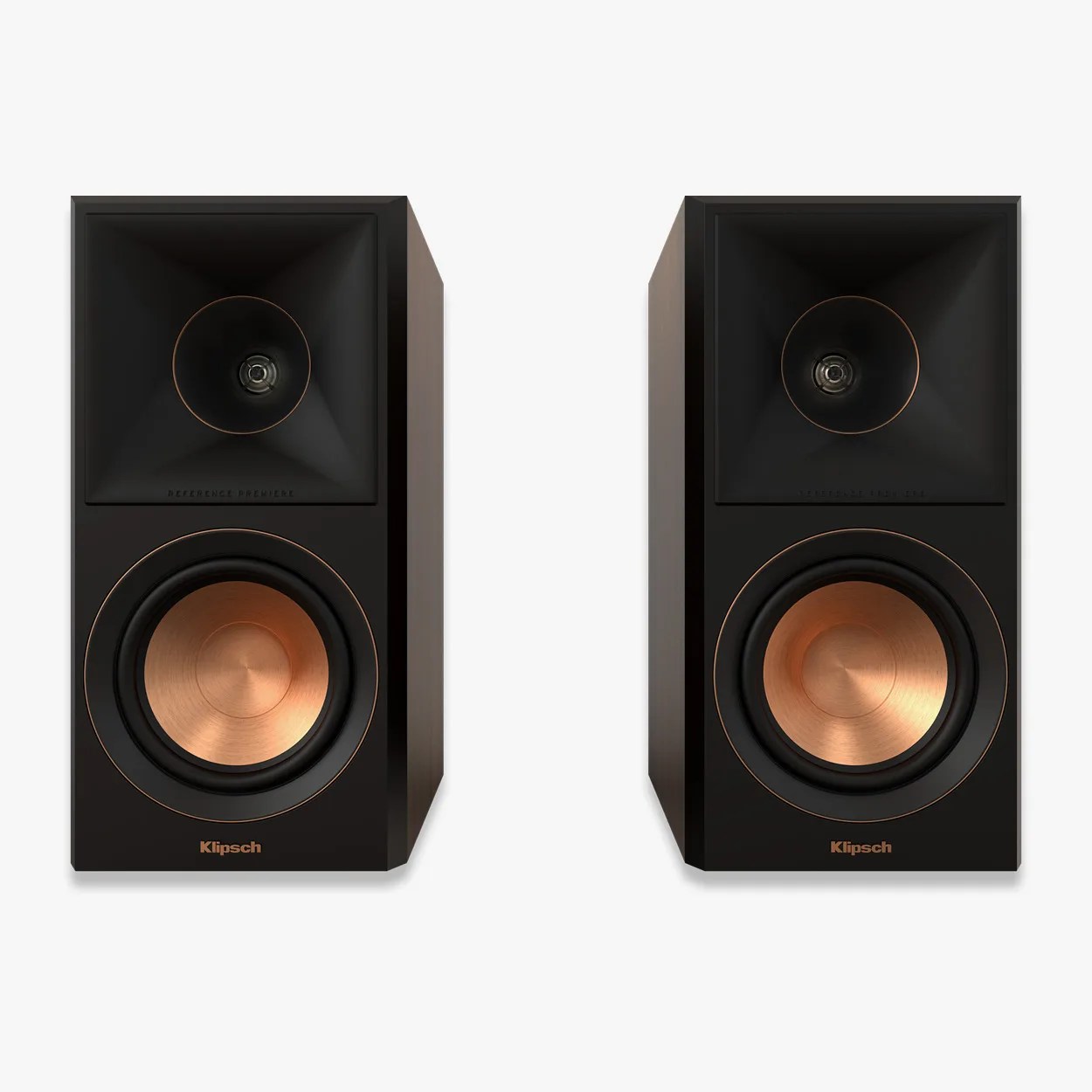 Pair of black Klipsch speakers with copper-colored woofers and square horn tweeters.