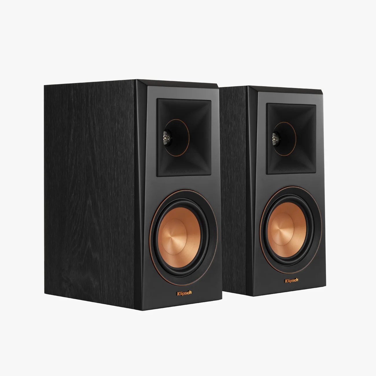 Pair of black Klipsch bookshelf speakers with copper-colored woofers and square horn tweeters.