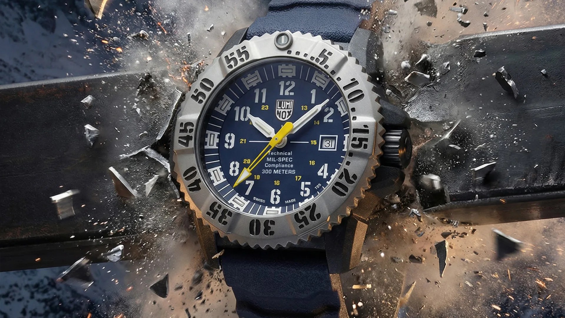 Blue dial Luminox wristwatch with silver bezel and yellow second hand amidst flying debris.