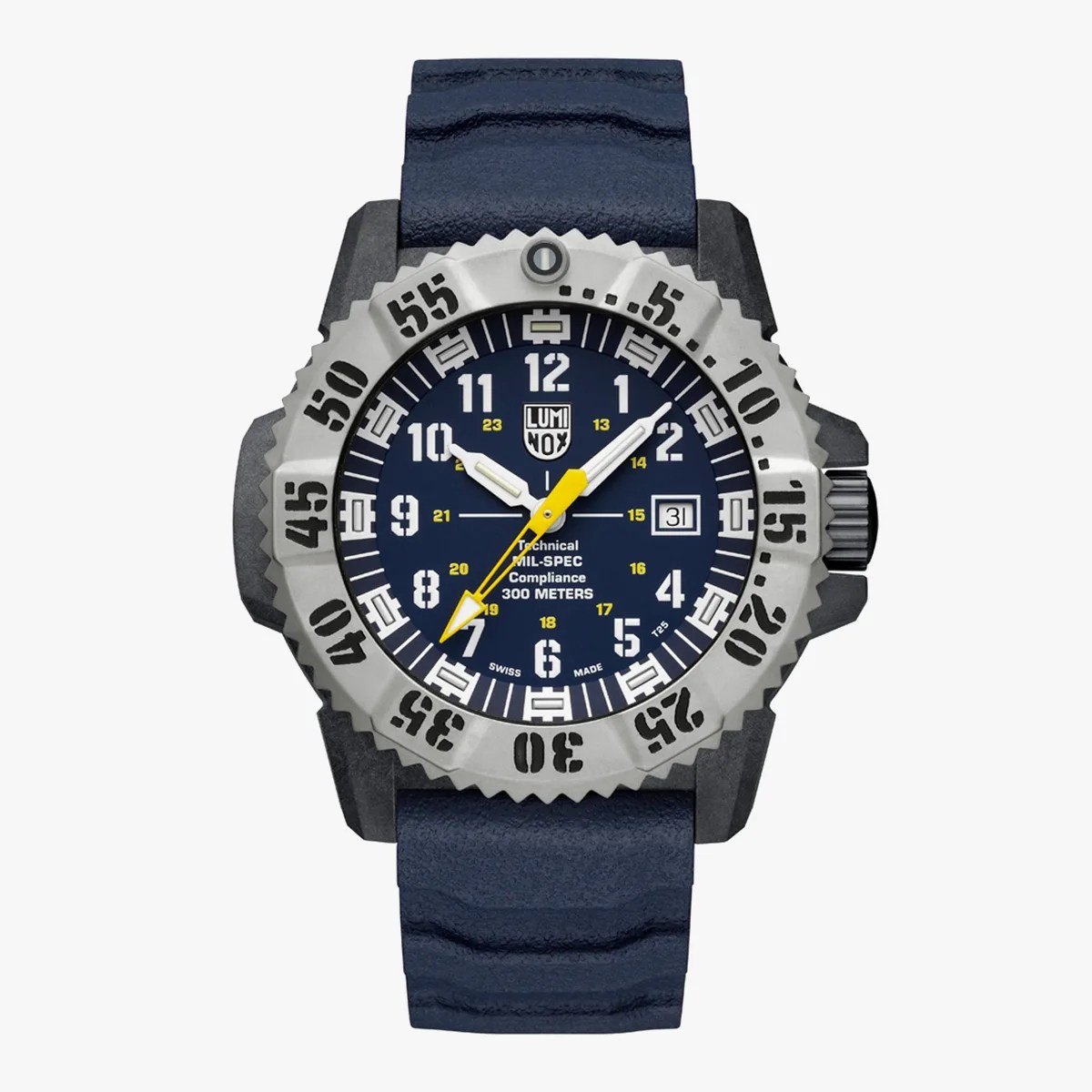 Blue dial Luminox watch with silver bezel, white and yellow hands, and blue textured strap.