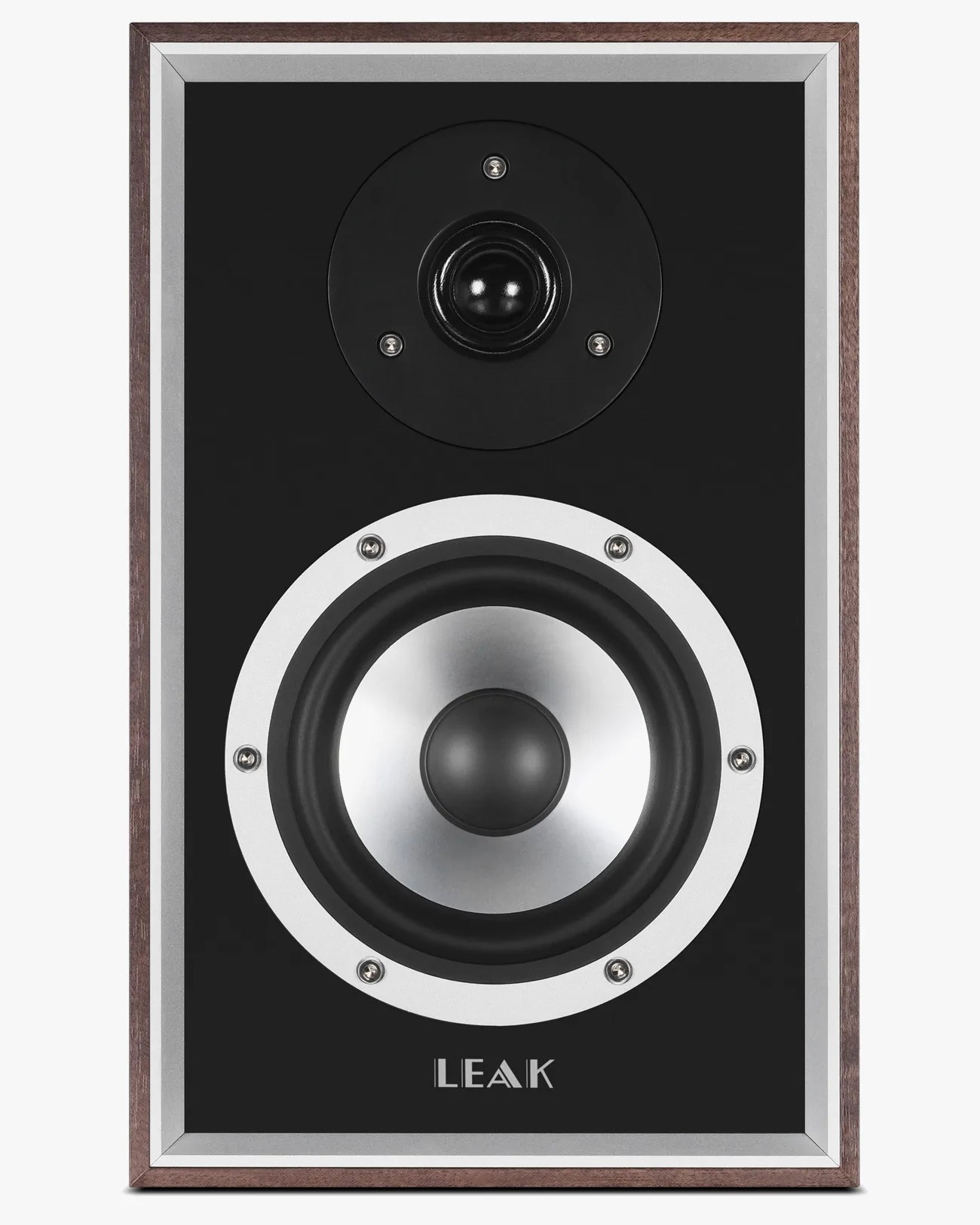 Rectangular bookshelf speaker with black front panel, silver woofer, black tweeter, and wooden frame labeled "LEAK.