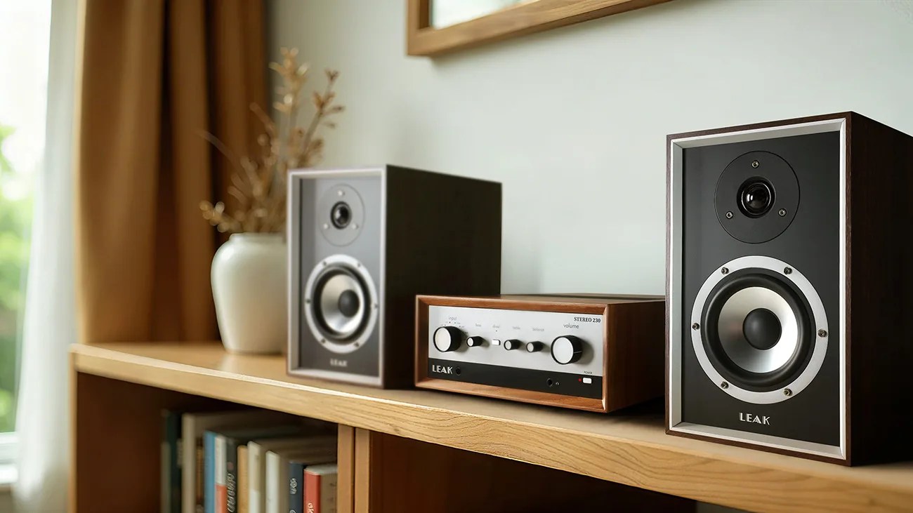 Wooden bookshelf with vintage LEAK stereo speakers and amplifier, next to a white vase with dried branches.
