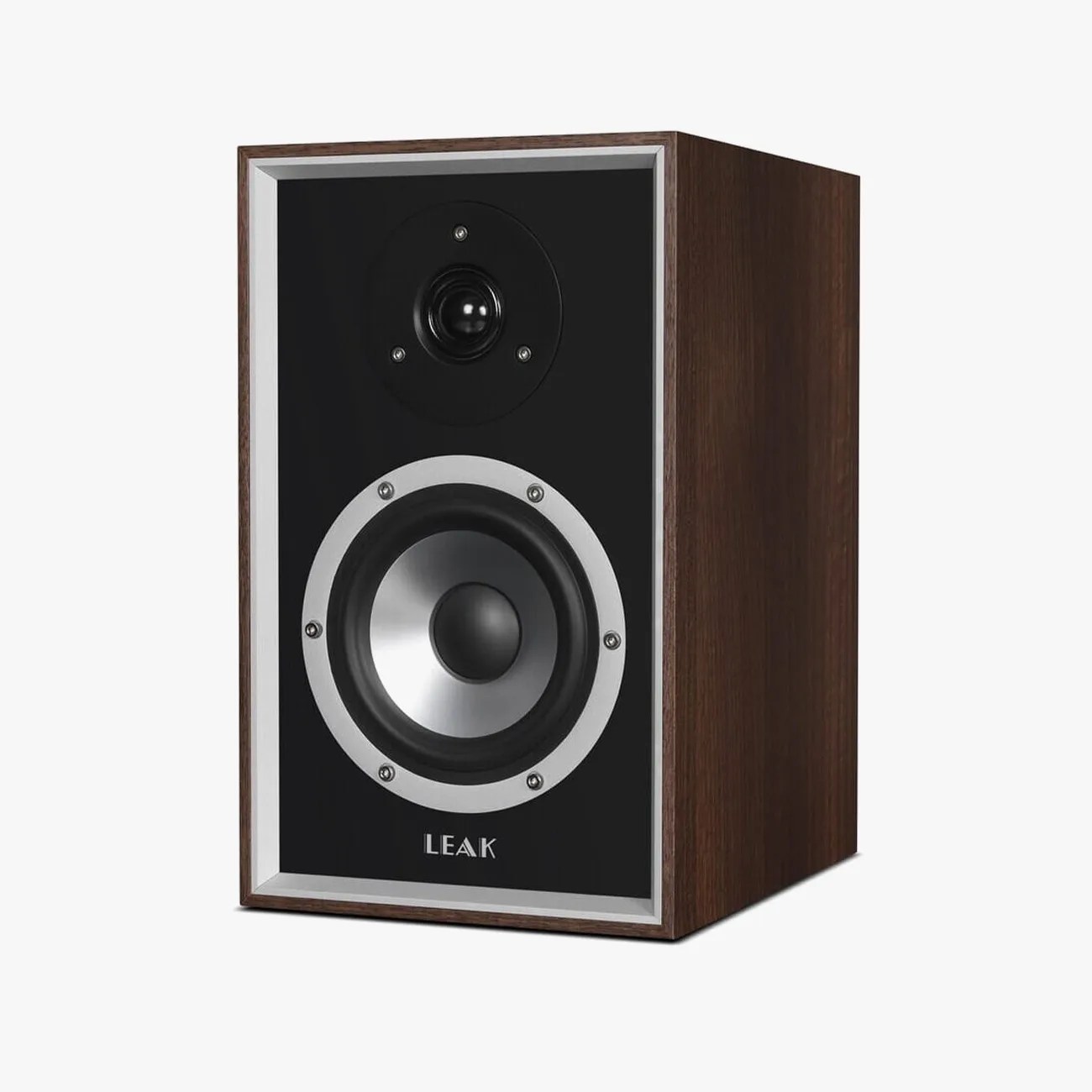 Rectangular bookshelf speaker with dark wood finish, black front panel, silver woofer, and "LEAK" logo.