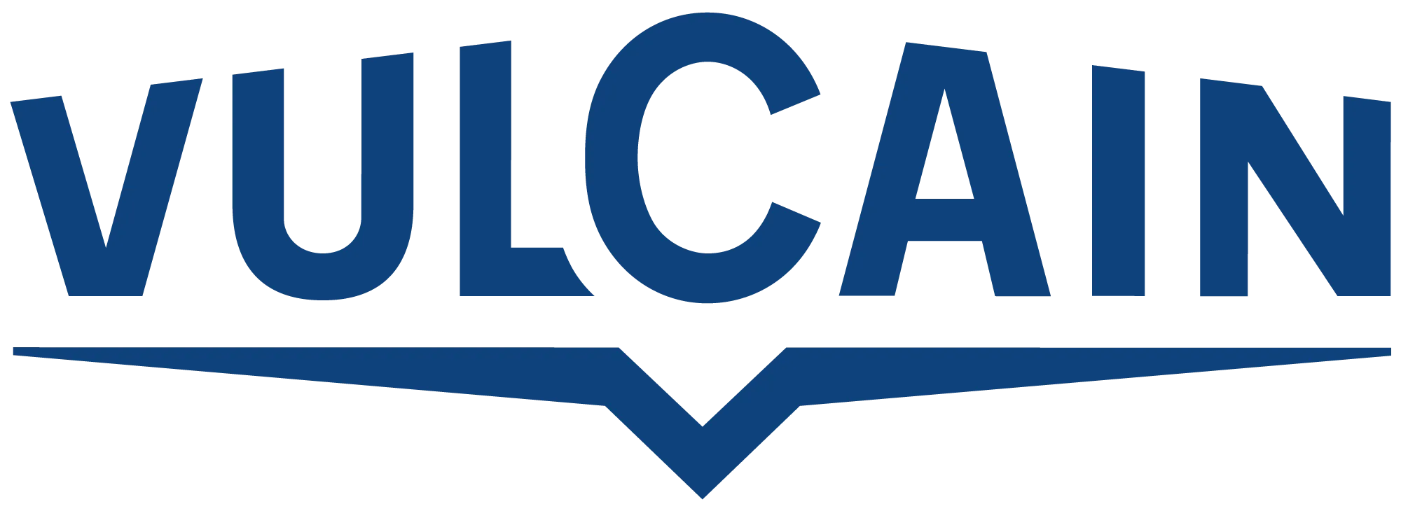 Blue "VULCAIN" text logo with a stylized underline forming a pointed shape in the center.