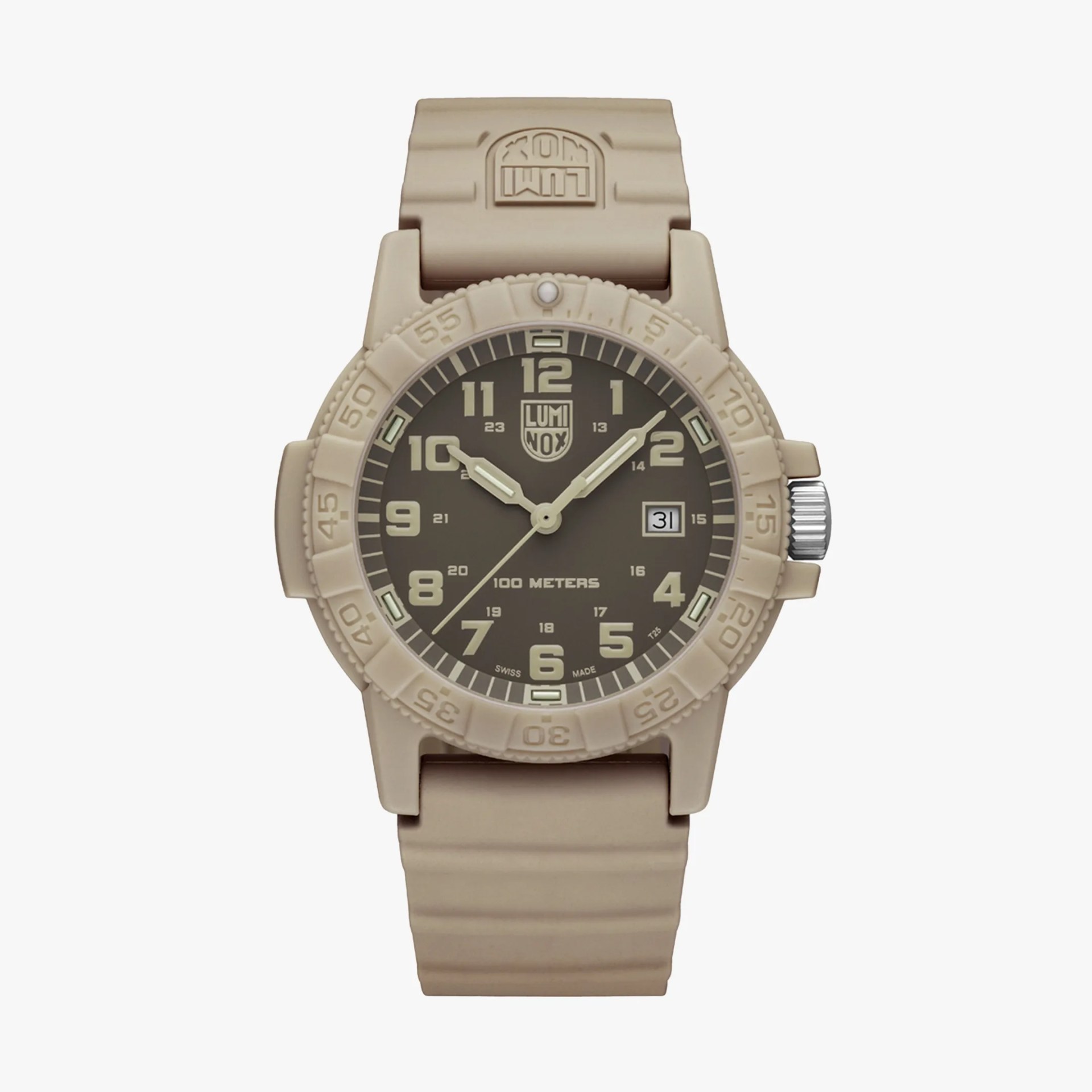 Beige Luminox wristwatch with a black dial, beige numerals, date window, and a textured rubber strap.