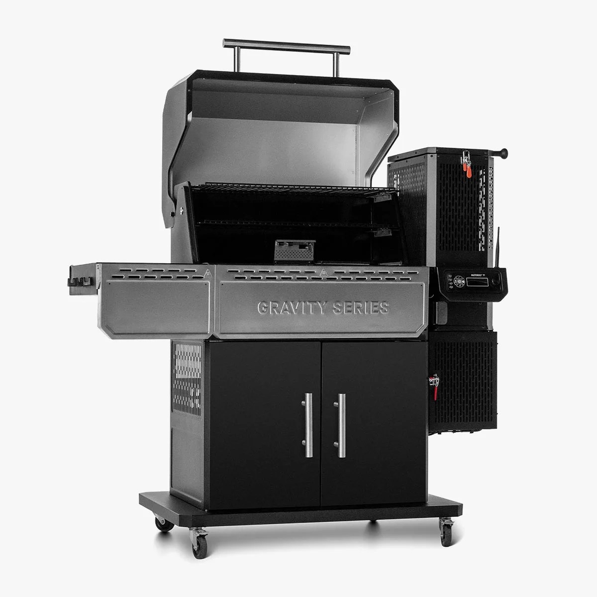 Black and stainless steel Gravity Series pellet grill with open lid and storage cabinet on wheels.