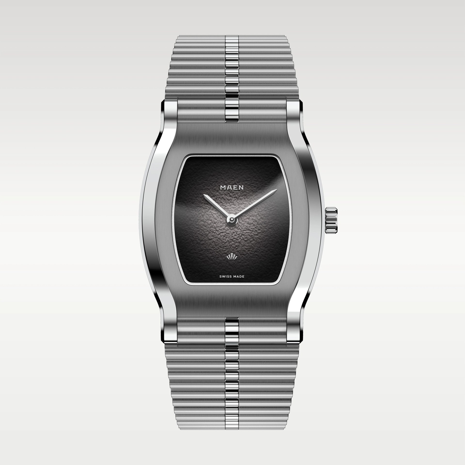 Silver stainless steel wristwatch with a textured black rectangular dial and silver hands.