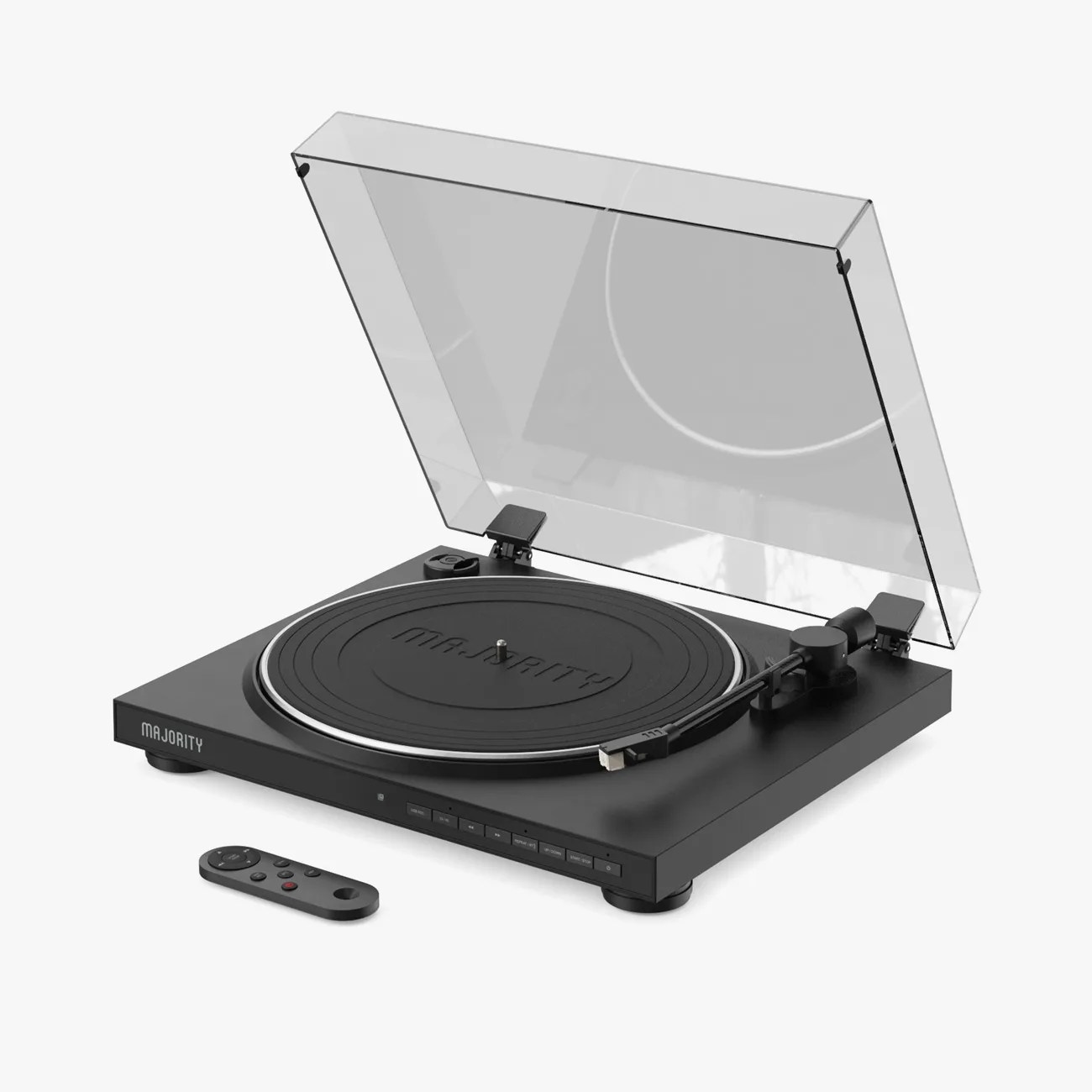 Black Majority brand turntable with transparent dust cover open and remote control placed beside it.