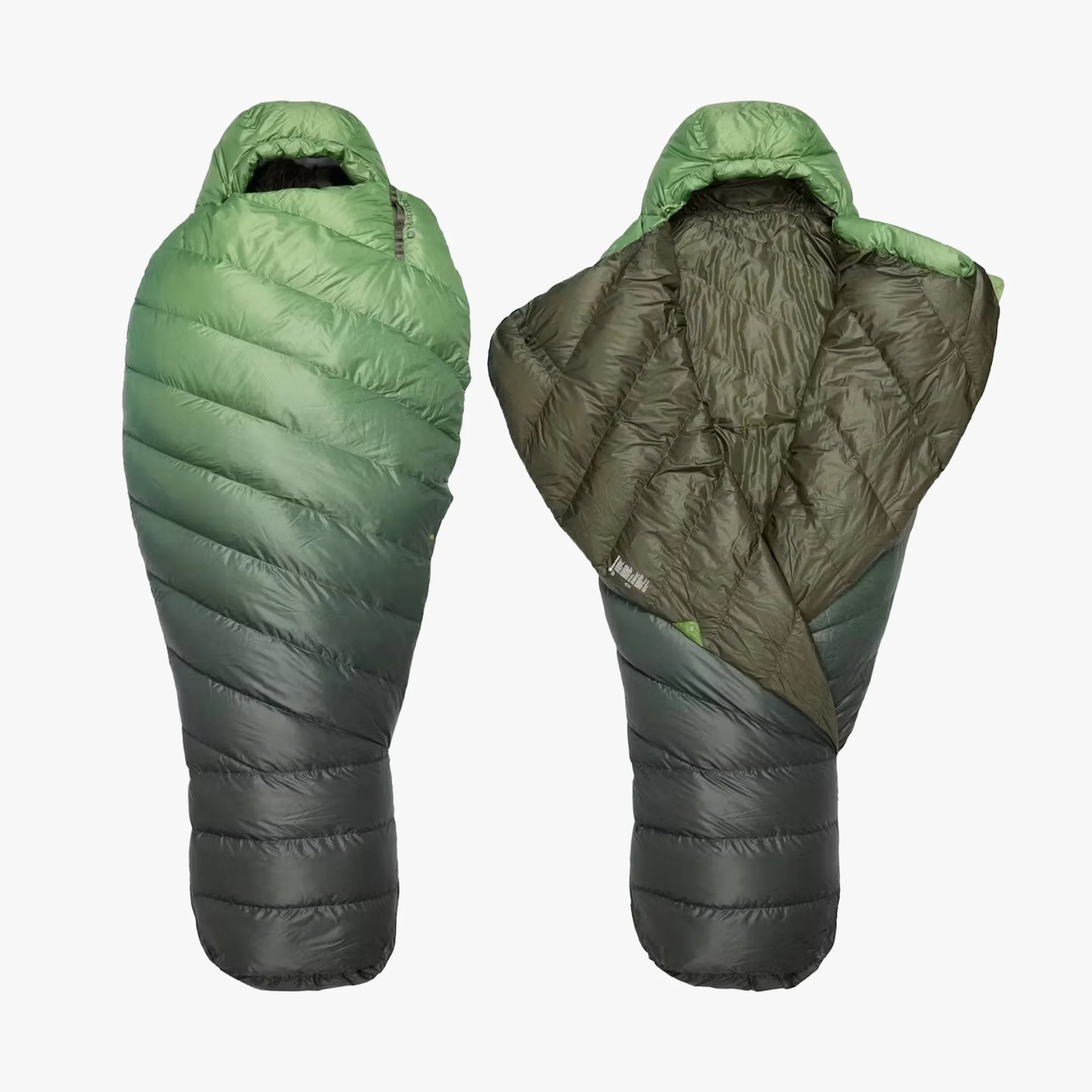 Two green and dark gray gradient mummy-style sleeping bags, one closed and one open showing the interior lining.