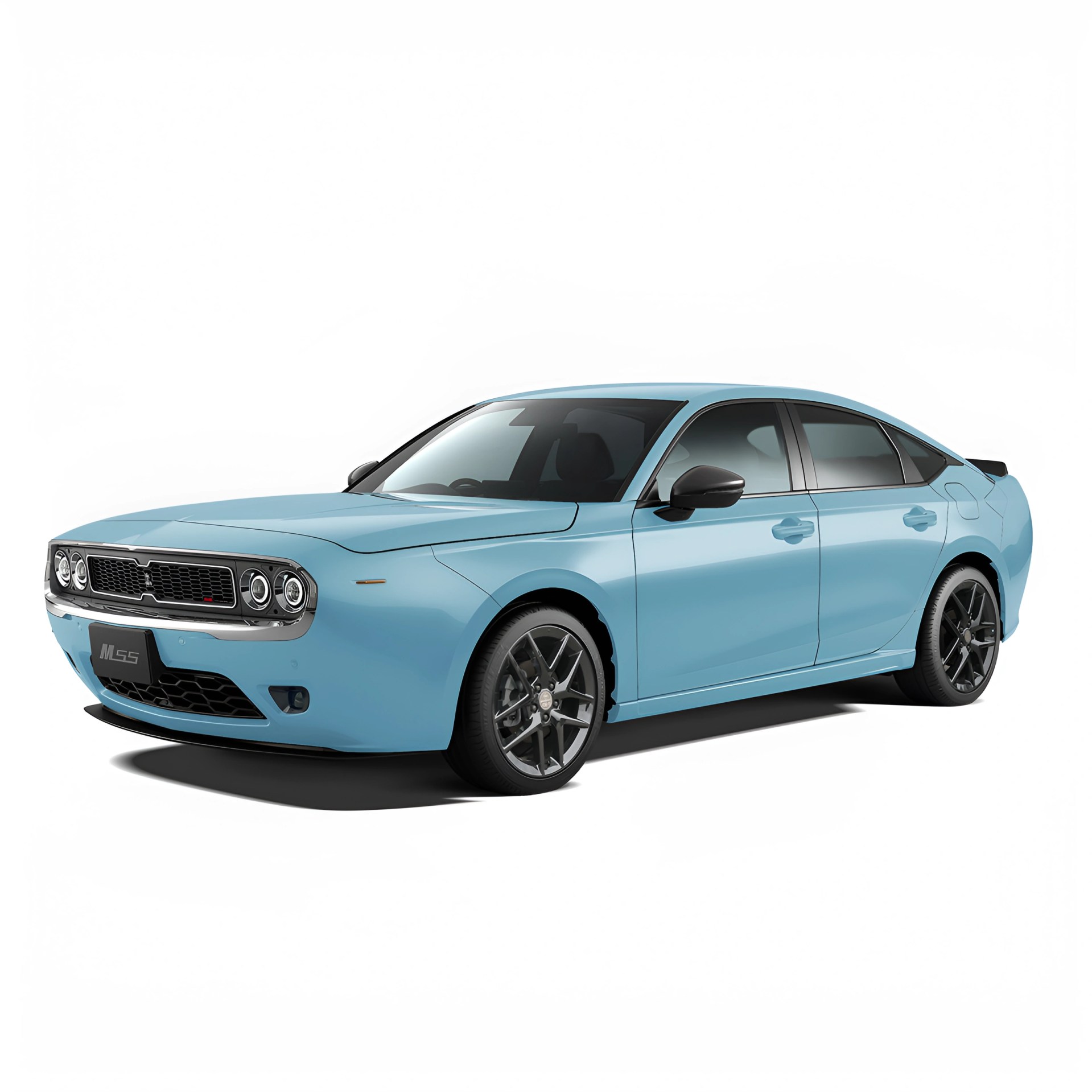 Light blue four-door sedan with black side mirrors and sporty black wheels on a white background.