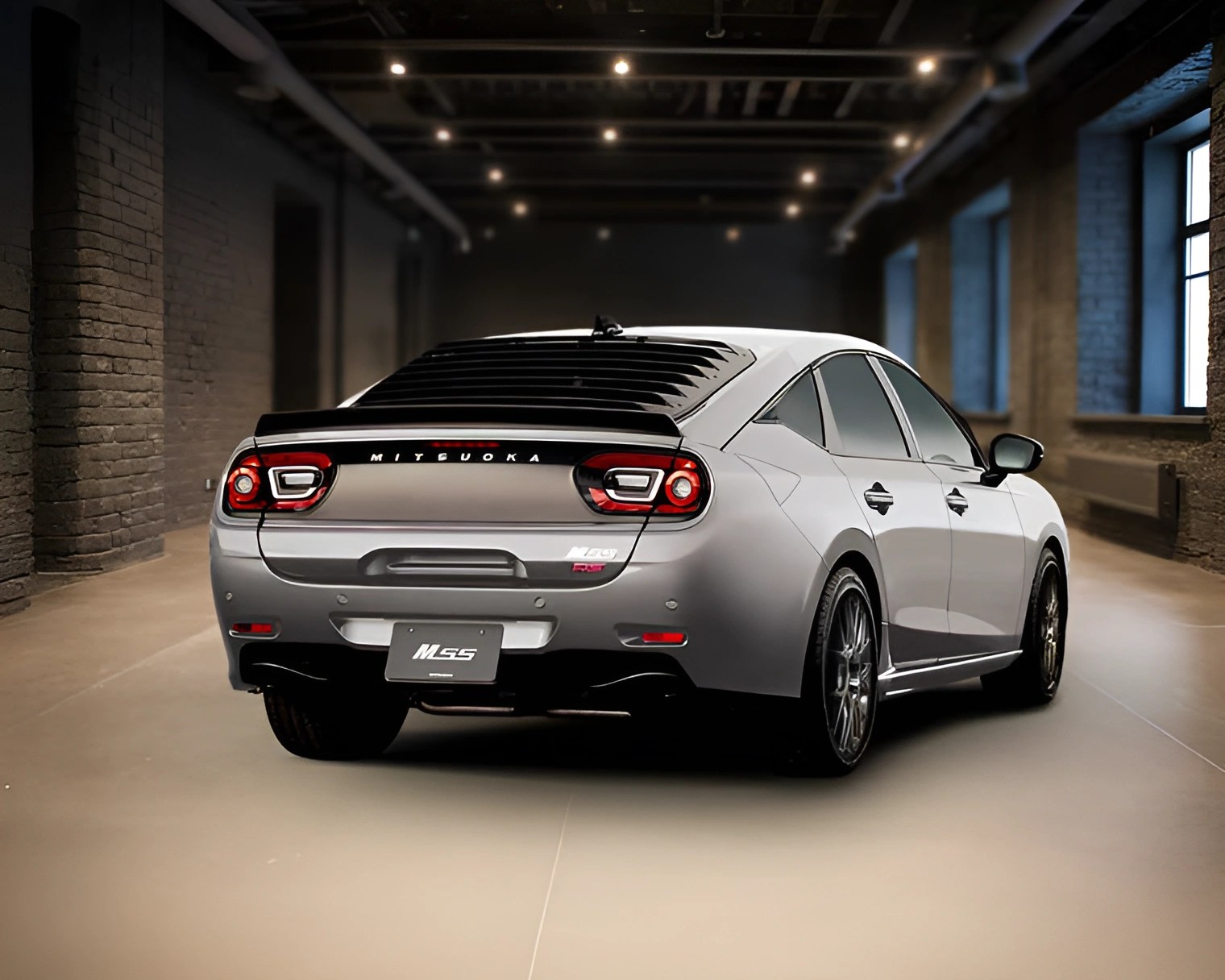 Silver Mitsuoka MS-5 sedan with black rear window louvers parked in an industrial-style garage.