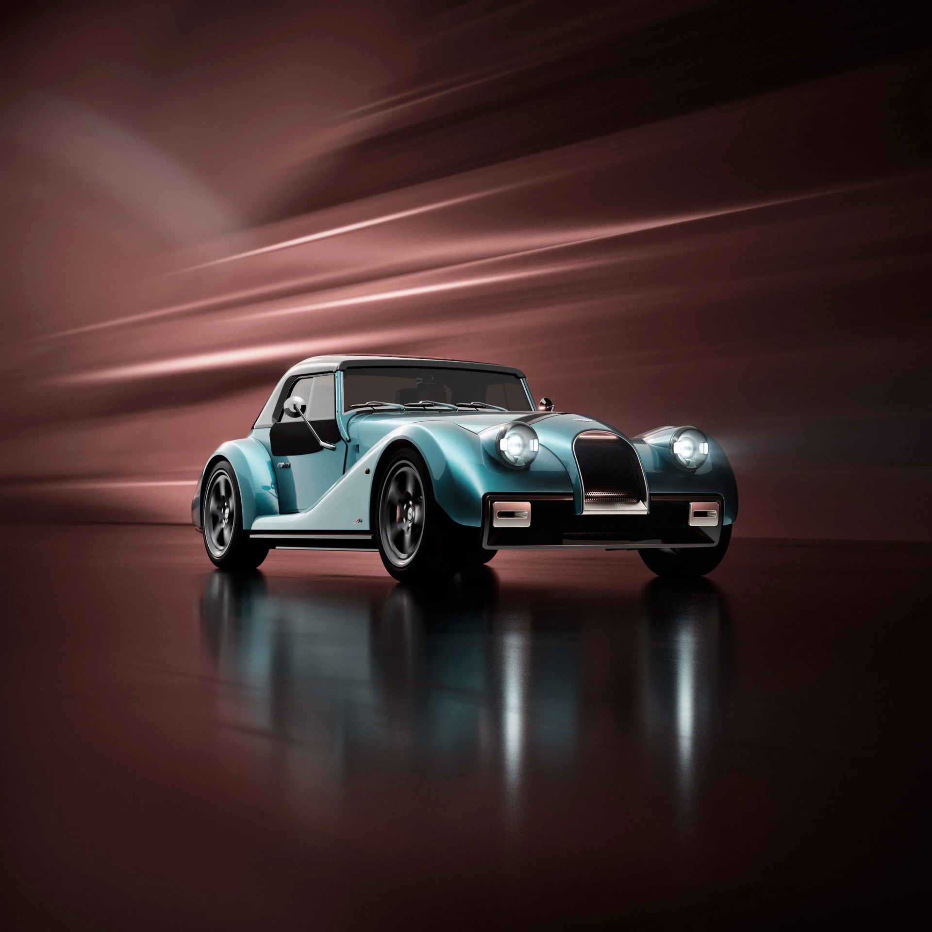 Light blue vintage-style sports car with black wheels and a white roof on a reflective dark floor.