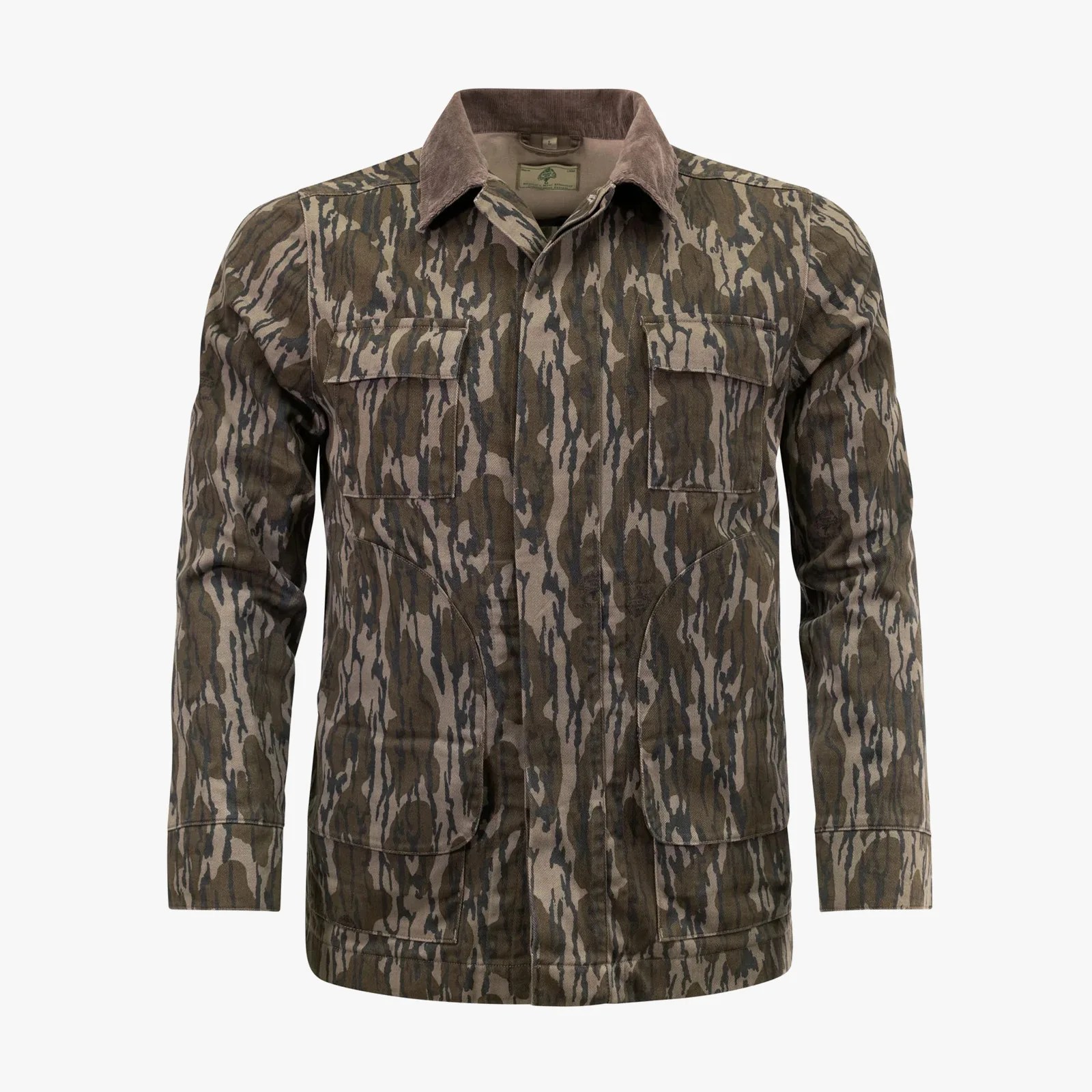 Camouflage-patterned jacket with brown corduroy collar and multiple front pockets.