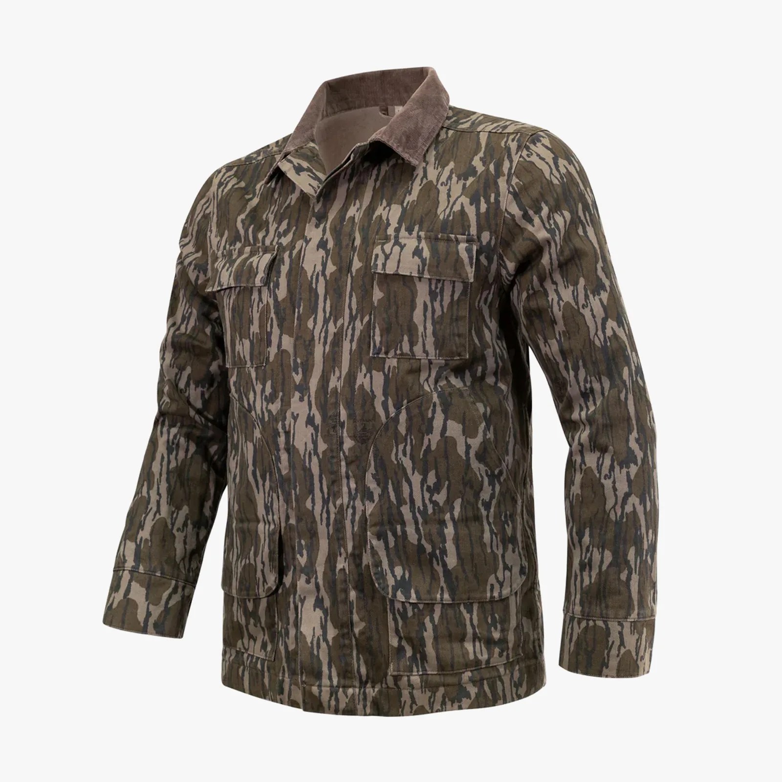 Camouflage-patterned jacket with brown corduroy collar and multiple front pockets.