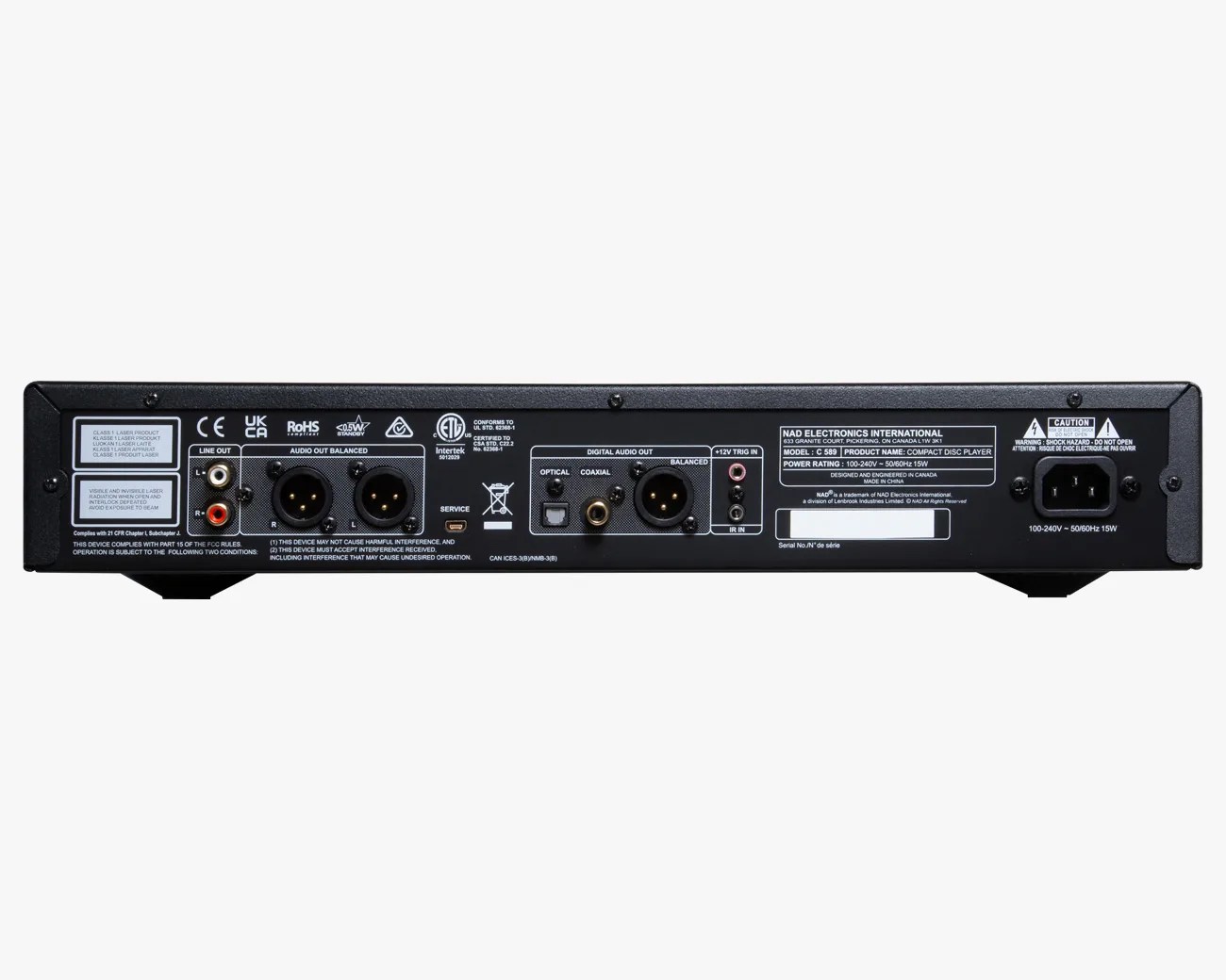 Black NAD C 589 compact disc player rear panel with RCA, XLR, optical, coaxial audio outputs, power input, and various labels.