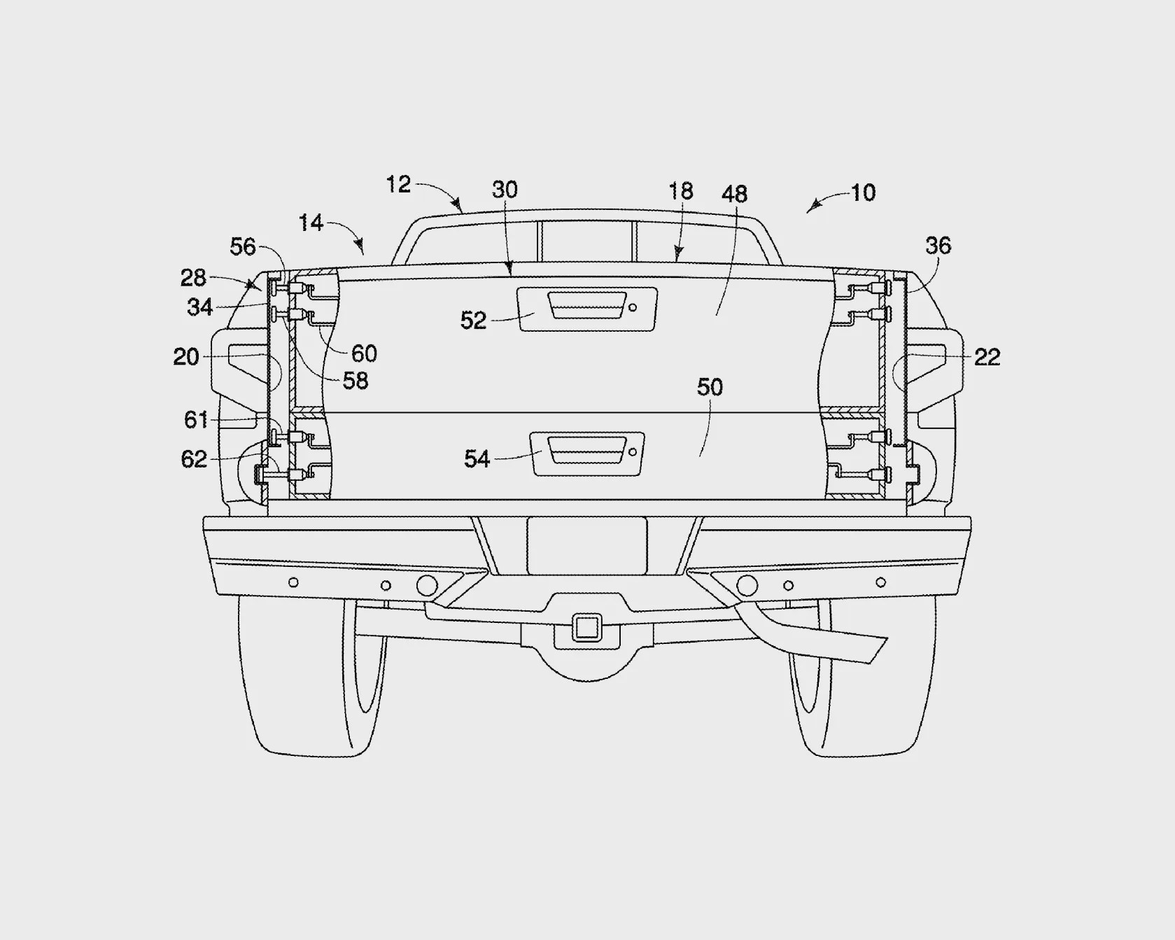 Technical drawing of a pickup truck tailgate assembly showing internal components and labeled parts.