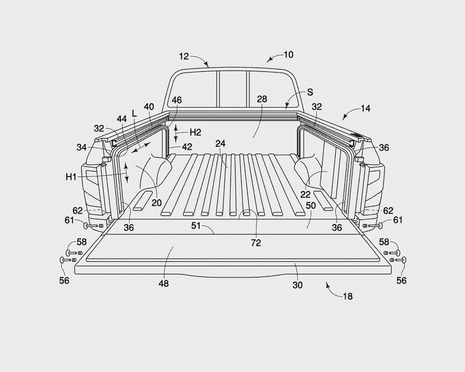 Technical drawing of a pickup truck bed with labeled parts and measurements, showing the tailgate open.