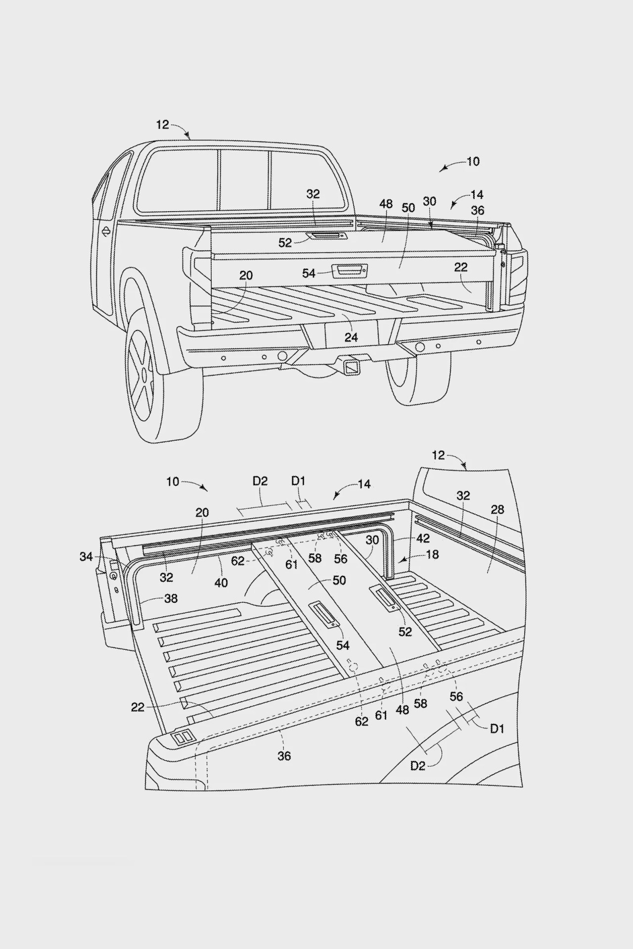Technical drawing of a pickup truck bed with a retractable cover partially extended and labeled components.