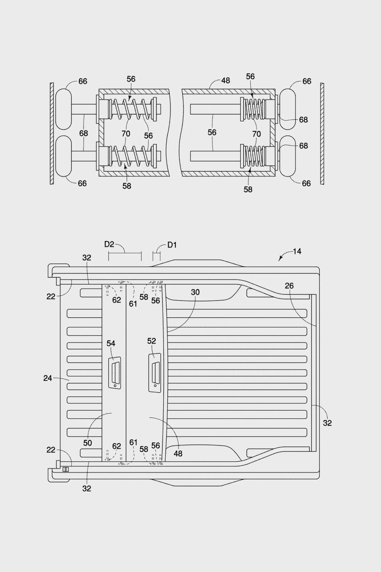 Technical drawing showing a cross-sectional view of a mechanical assembly with labeled components including springs, rods, and housing parts.