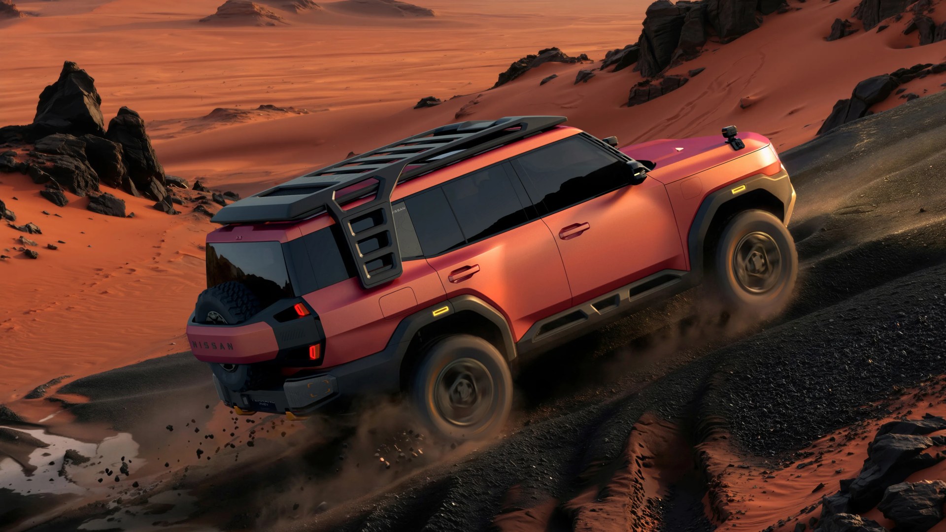 Orange Nissan SUV with black roof rack driving uphill on rocky desert terrain.