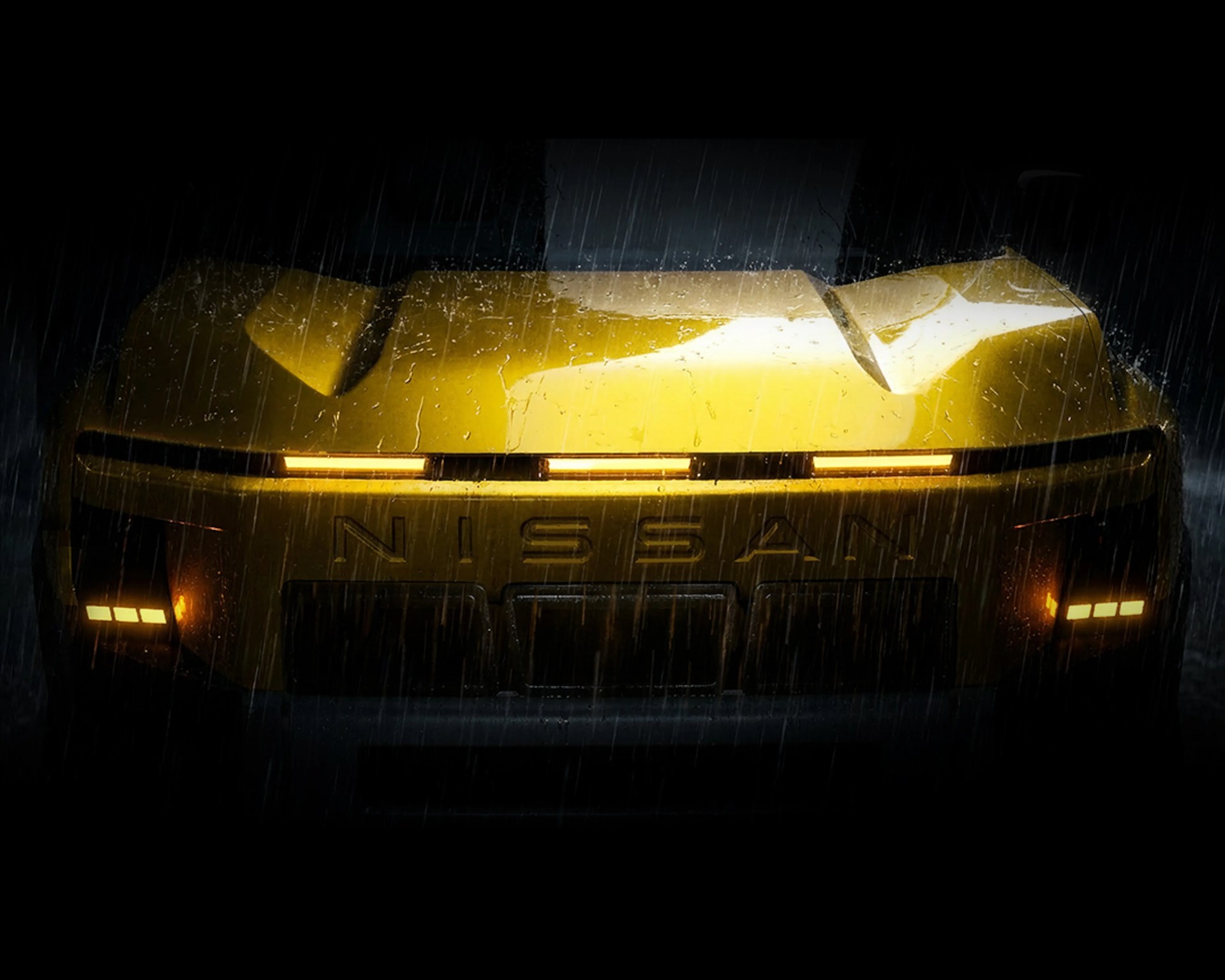 Front view of a yellow Nissan car with illuminated amber lights in the rain at night.