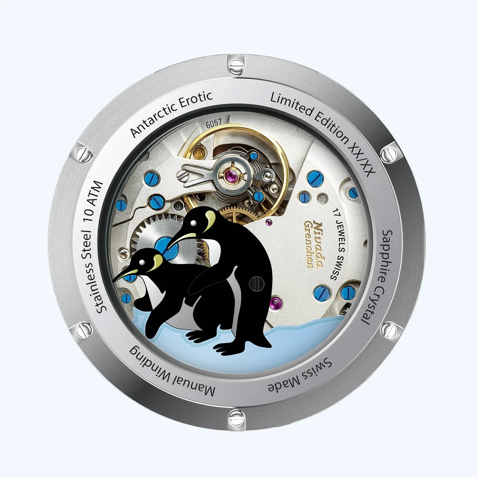 Round watch back case with visible mechanical movement, featuring two black penguins on blue ice, and engraved text around the edge.