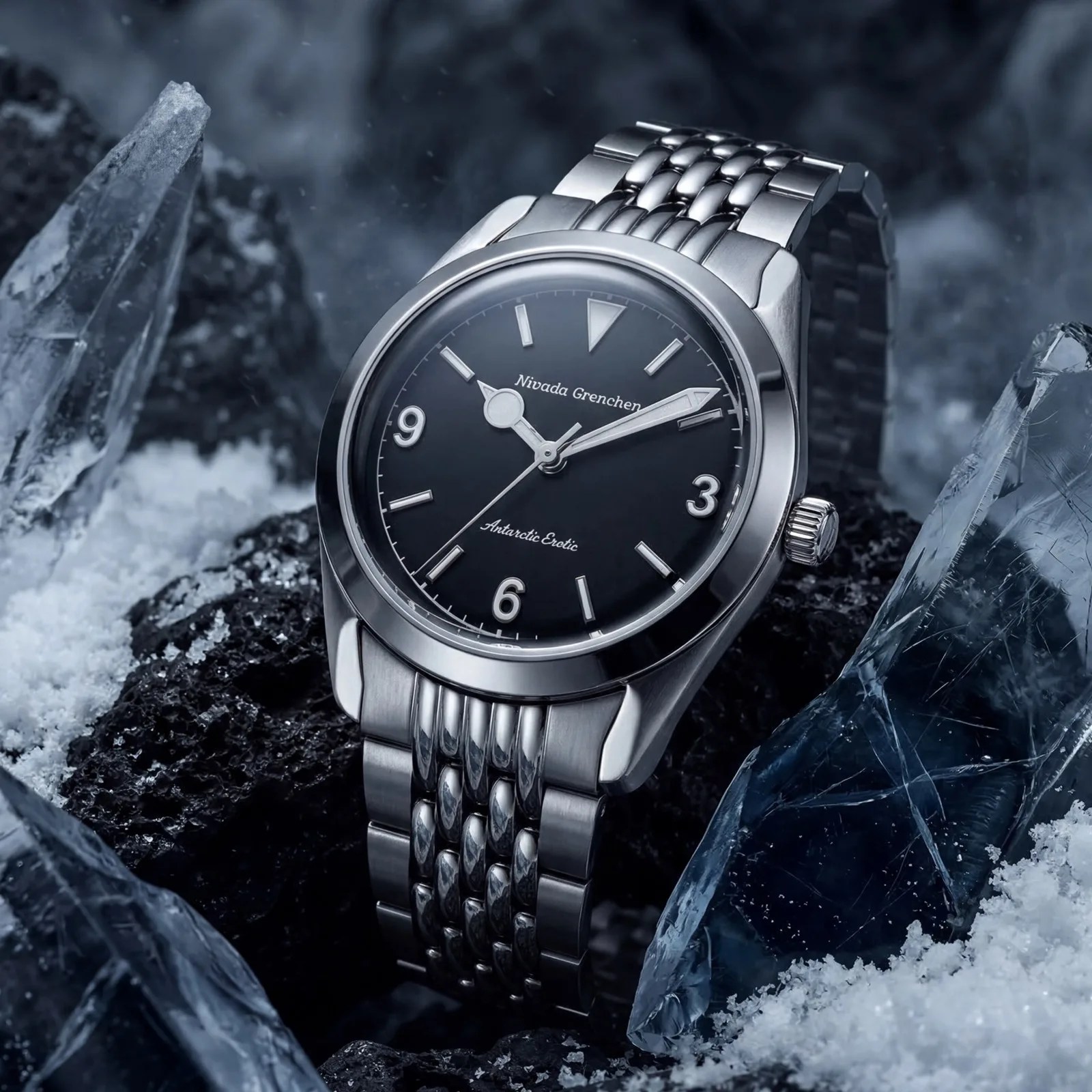 Stainless steel wristwatch with black dial and silver markers on icy rocks.