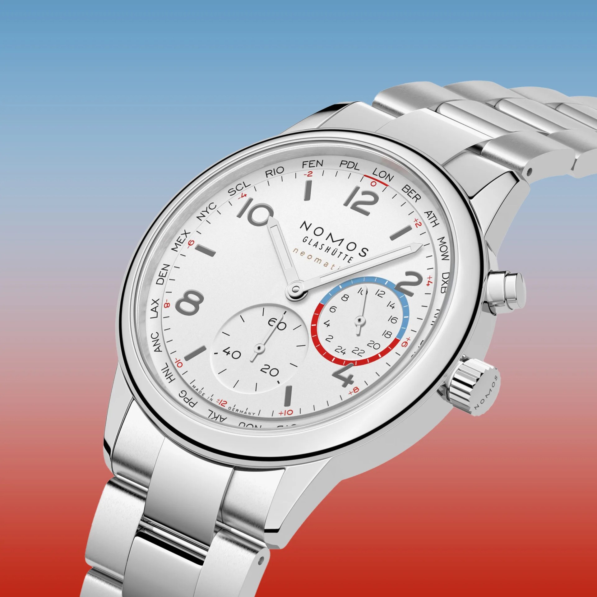 Silver stainless steel NOMOS Glash&uuml;tte watch with white dial and world time cities on bezel