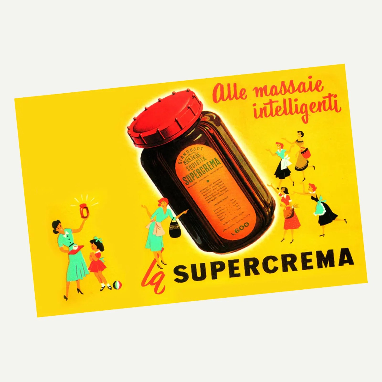 Vintage advertisement with a large jar of Supercrema spread and women in colorful dresses on a yellow background.