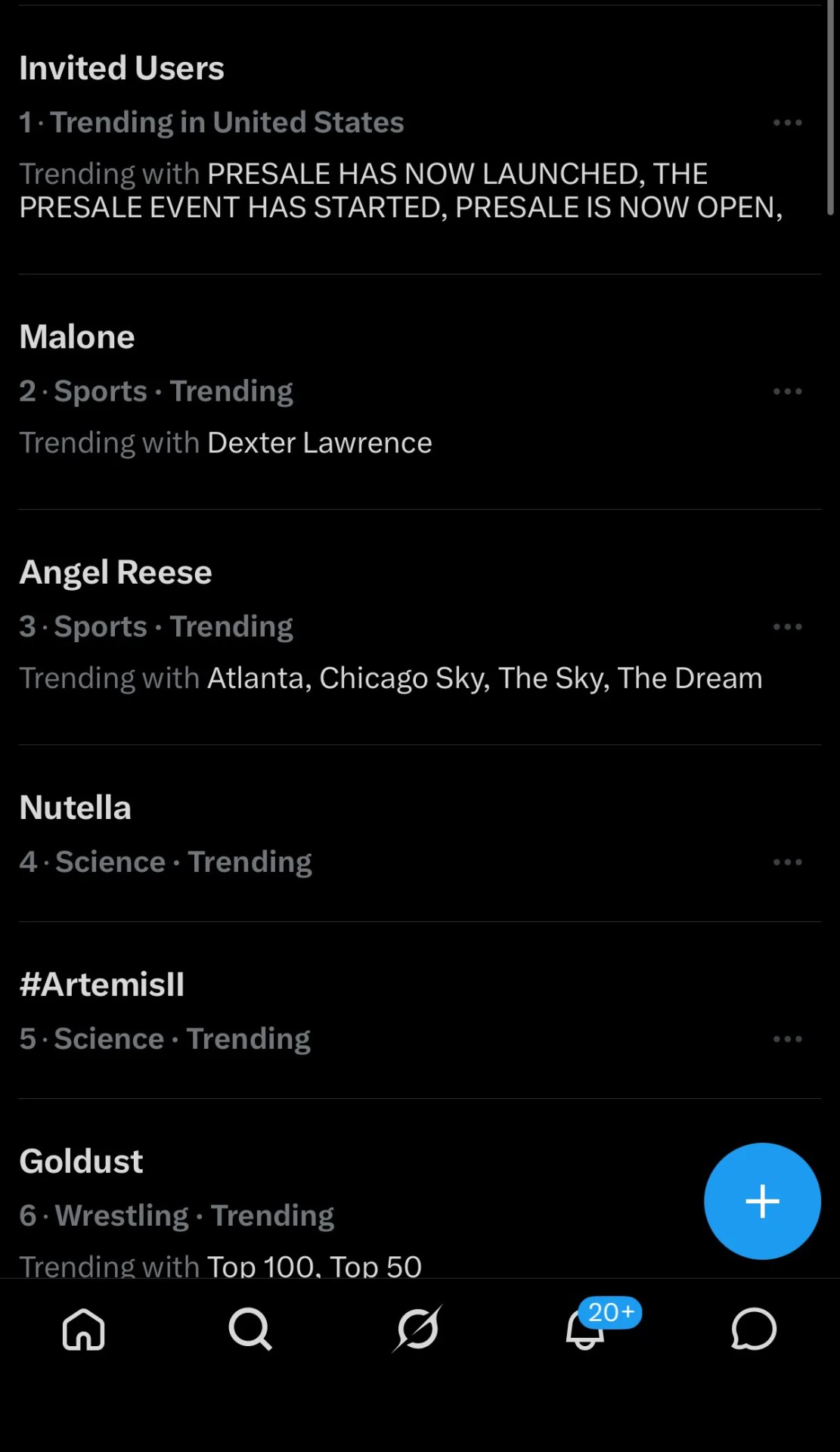 Screenshot of a trending topics list showing: 1. Presale event launched, 2. Malone trending with Dexter Lawrence, 3. Angel Reese trending with Atlanta, Chicago Sky, The Sky, The Dream, 4. Nutella, 5. #ArtemisII, 6. Goldust trending with Top 100, Top 50.