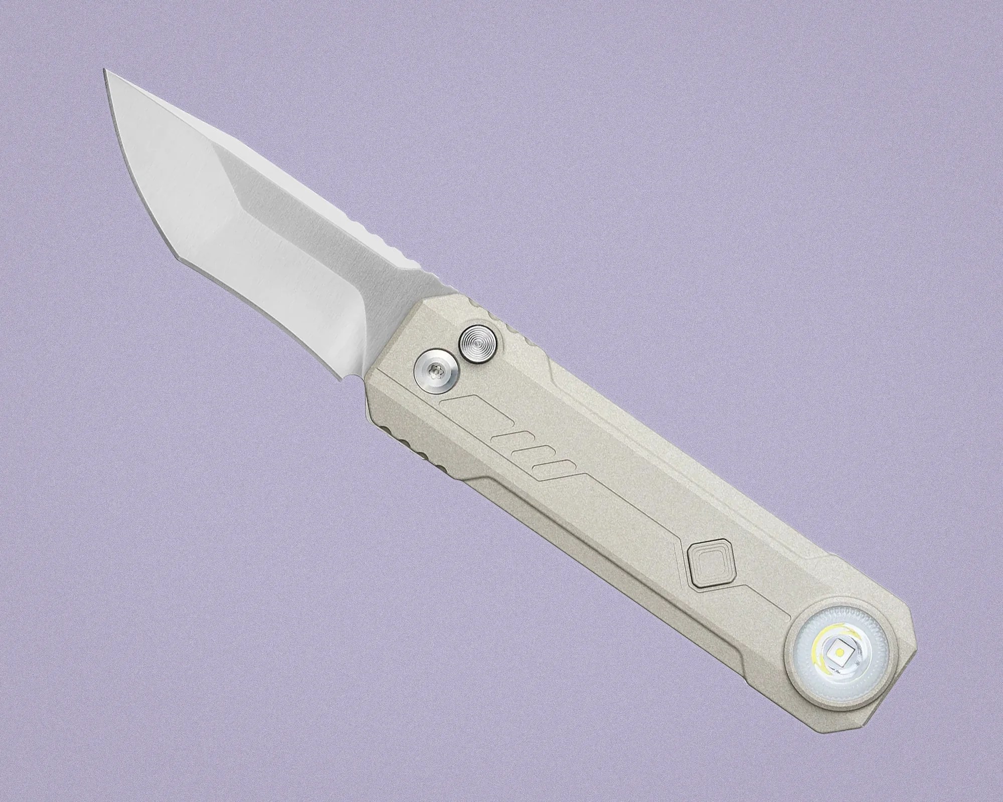 Folding knife with a silver blade and light gray handle featuring a circular LED light.