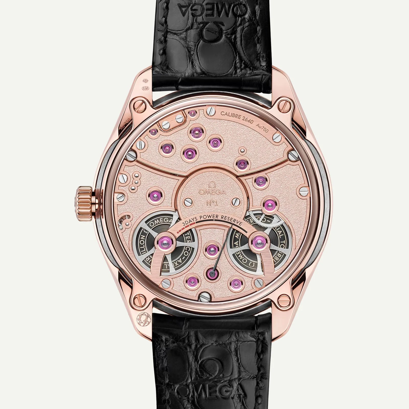 Rose gold watch back showing intricate mechanical movement with purple jewels and black leather strap.