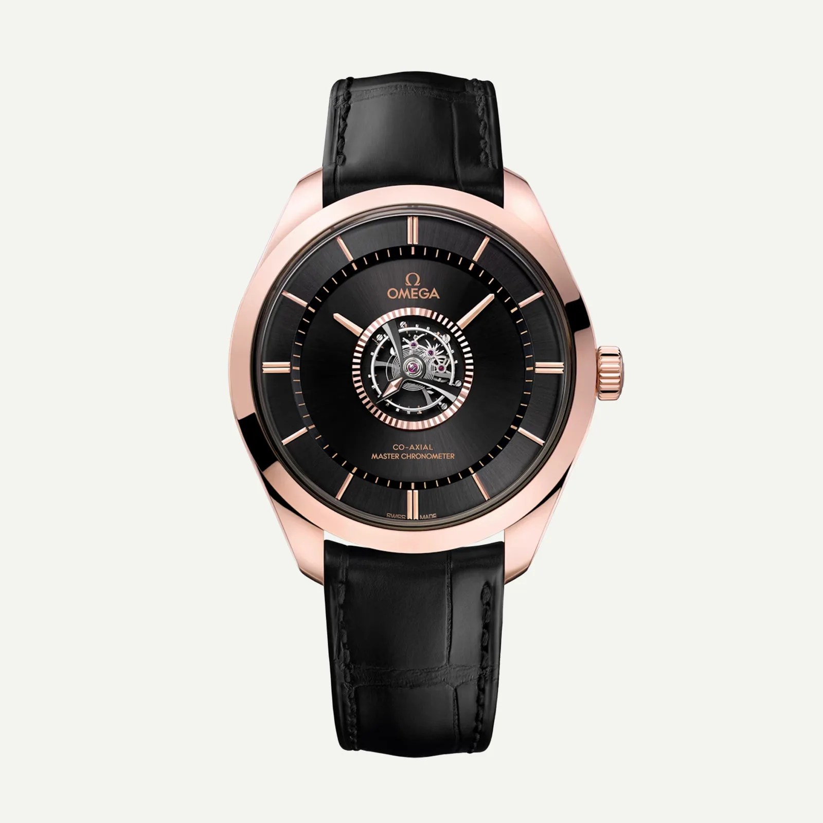 Omega wristwatch with a rose gold case, black dial featuring a visible tourbillon, and black leather strap.