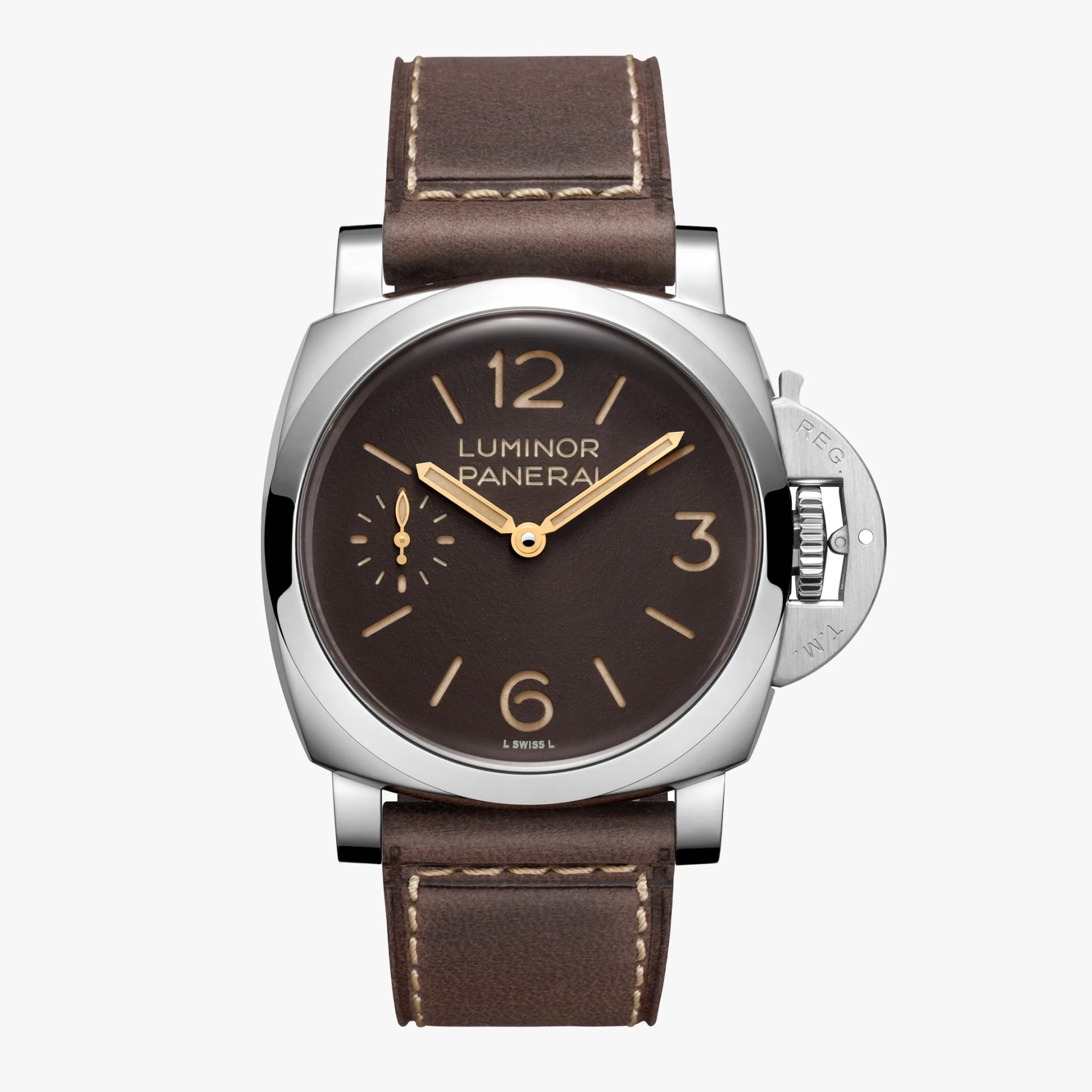 Stainless steel Panerai Luminor watch with brown dial, gold hands, and brown leather strap with beige stitching.