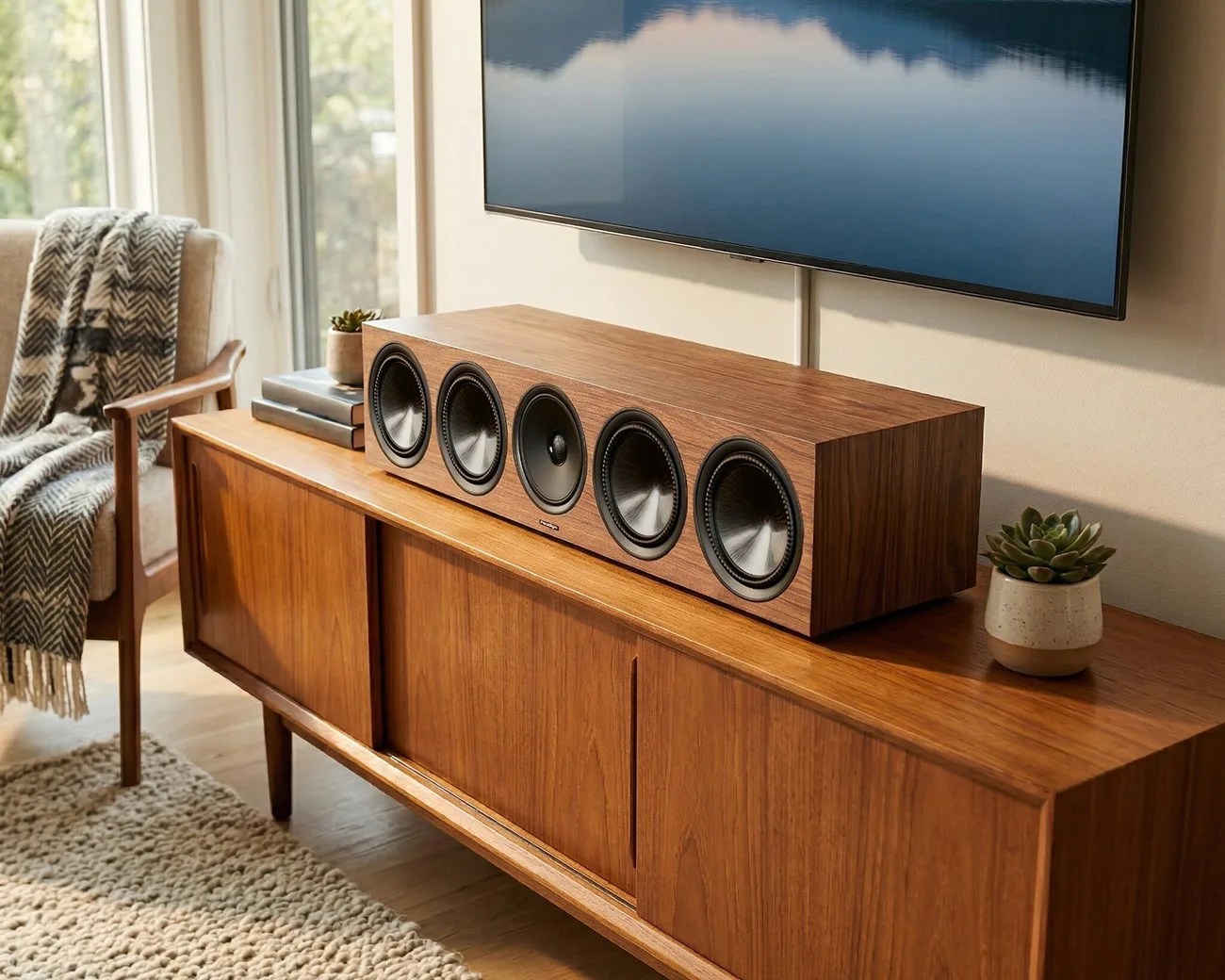 Wooden center channel speaker with five drivers on a mid-century modern wooden cabinet under a wall-mounted TV.