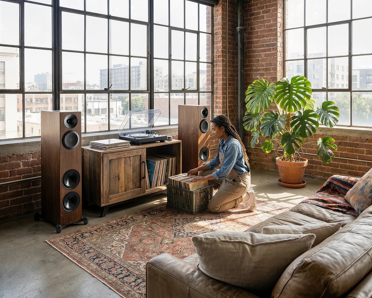 Person kneeling on a patterned rug organizing vinyl records in a crate next to wooden speakers and a turntable in a sunlit loft.