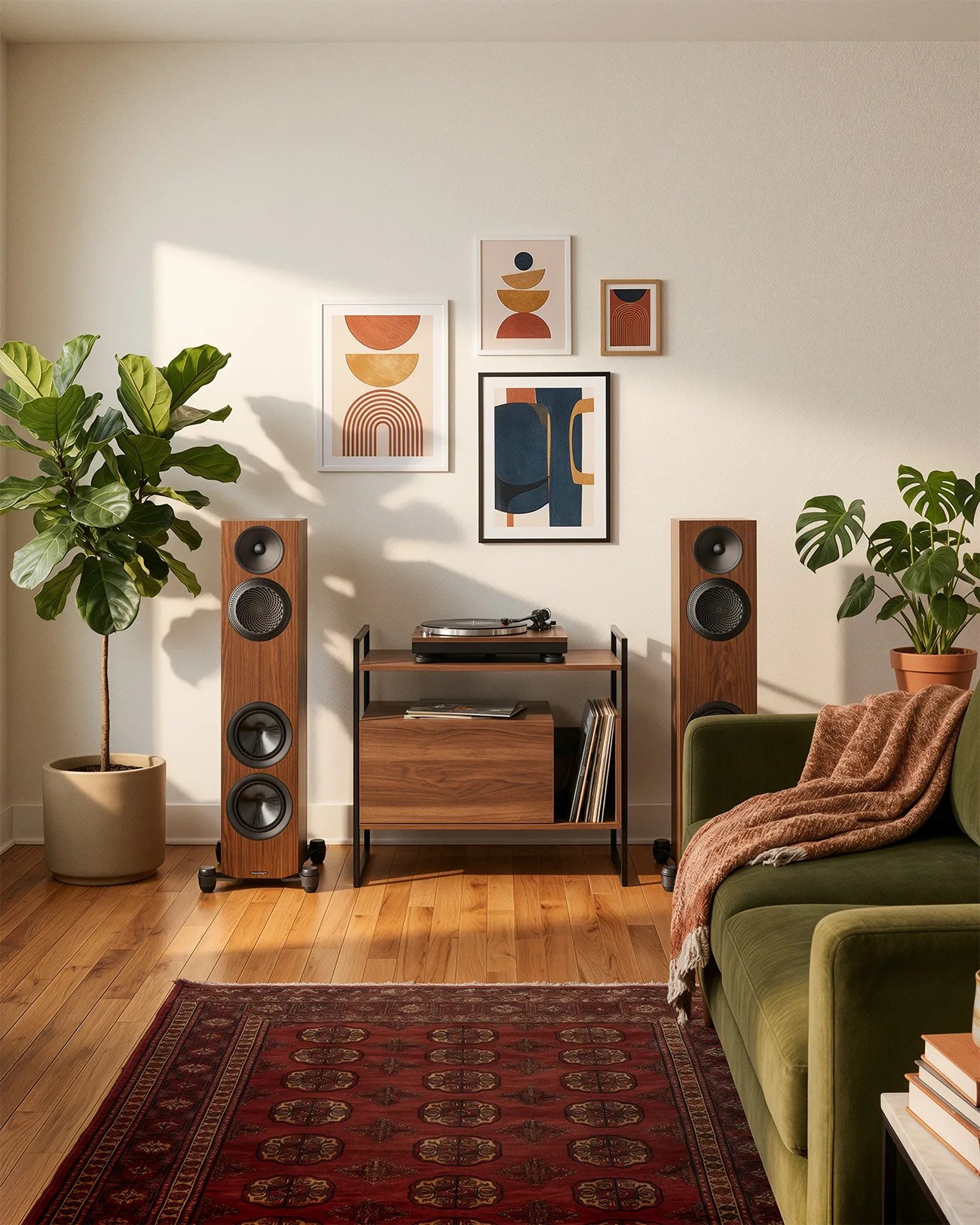 Living room with wooden floor, green velvet sofa with brown throw, red patterned rug, wooden speakers, and abstract art on beige wall.