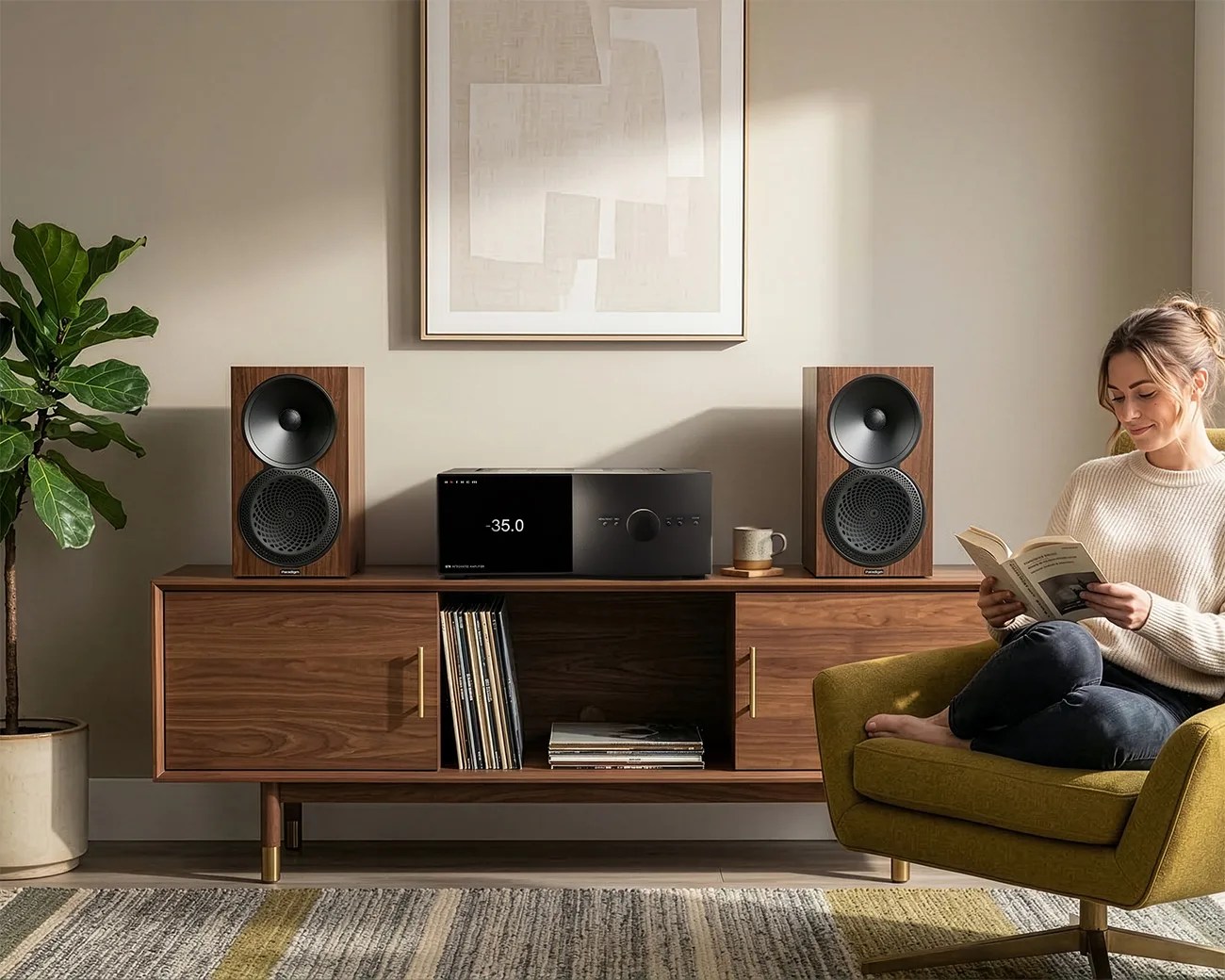 Wooden stereo cabinet with two bookshelf speakers, a black amplifier, vinyl records, and a green armchair with a person reading a book.