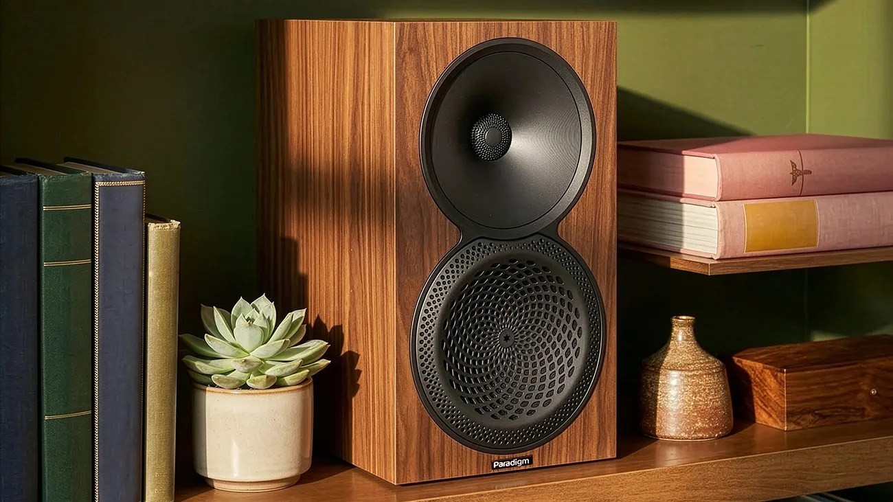 Wood-finished Paradigm speaker with black dual drivers on a wooden shelf next to books and a small potted succulent.