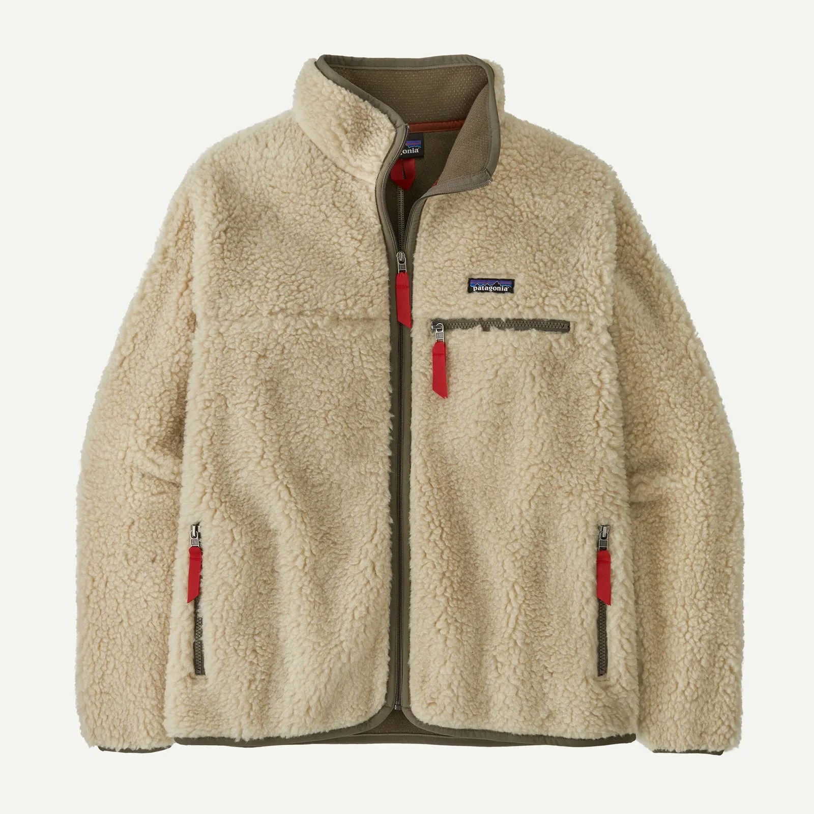 Beige Patagonia fleece jacket with red zipper pulls and olive trim.