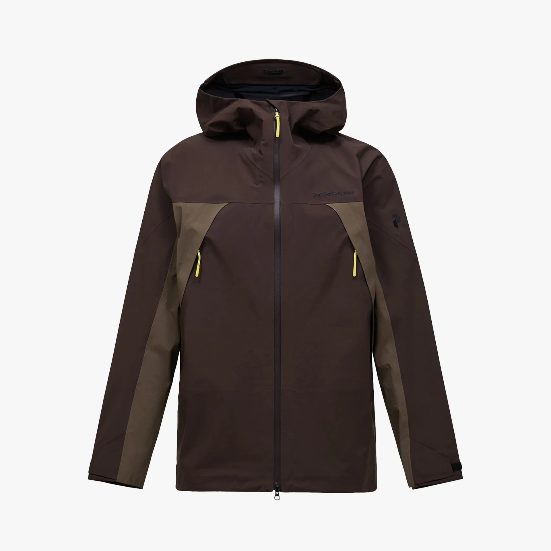 Brown and olive green waterproof jacket with hood and yellow zipper pulls.