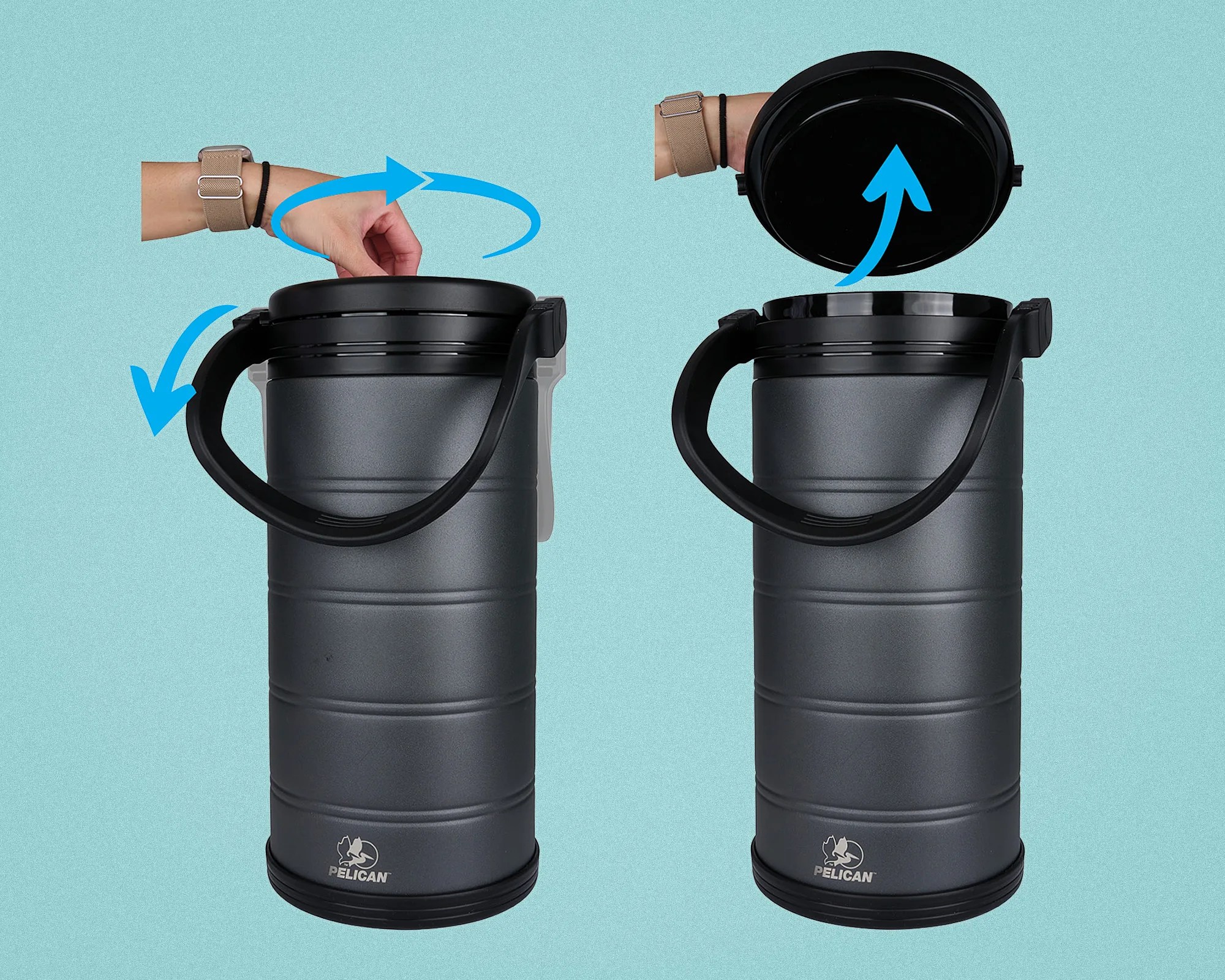 Matte black Pelican insulated jug with a handle, shown with lid being unscrewed and lifted off.