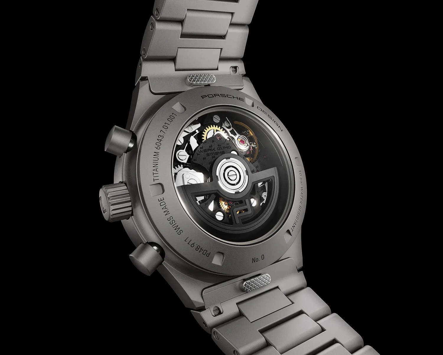Back view of a titanium Porsche Design wristwatch showing the mechanical movement through a transparent case back.
